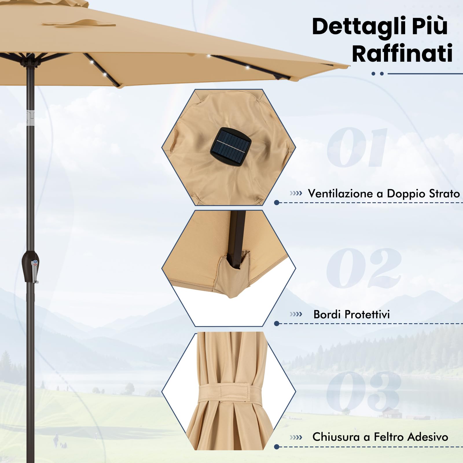 GYMAX Ombrellone da Giardino 3x3 M, con Luci LED Solare, Ombrello Inclinabile Regolabile, da Terrazzo Patio Spiaggia