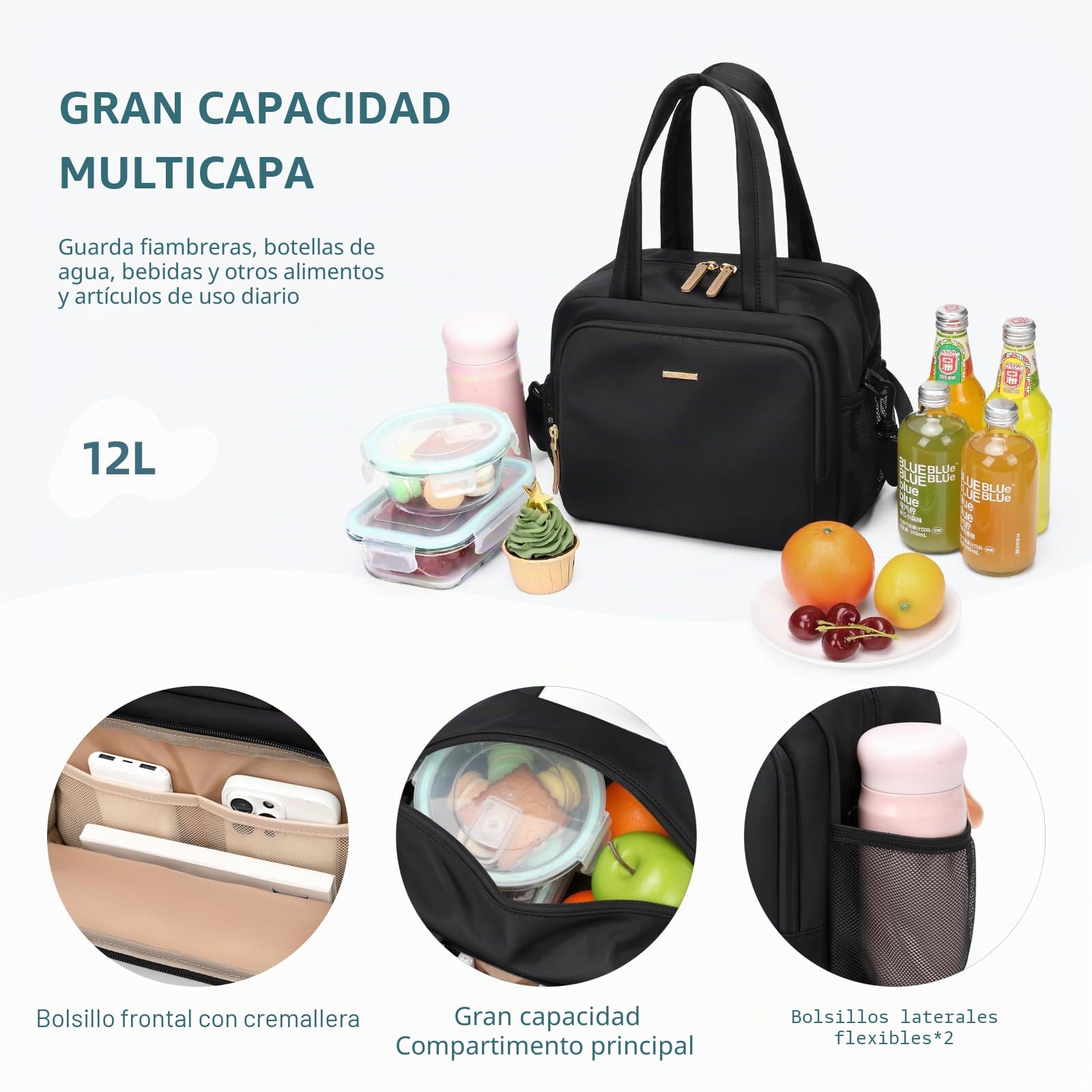 Bolsas de almuerzo aisladas GOLF QUALITY para mujeres, bolsa de almuerzo acolchada y desmontable impermeable ligera, bolsa de almuerzo reutilizable para el trabajo, picnic y viajes, negra