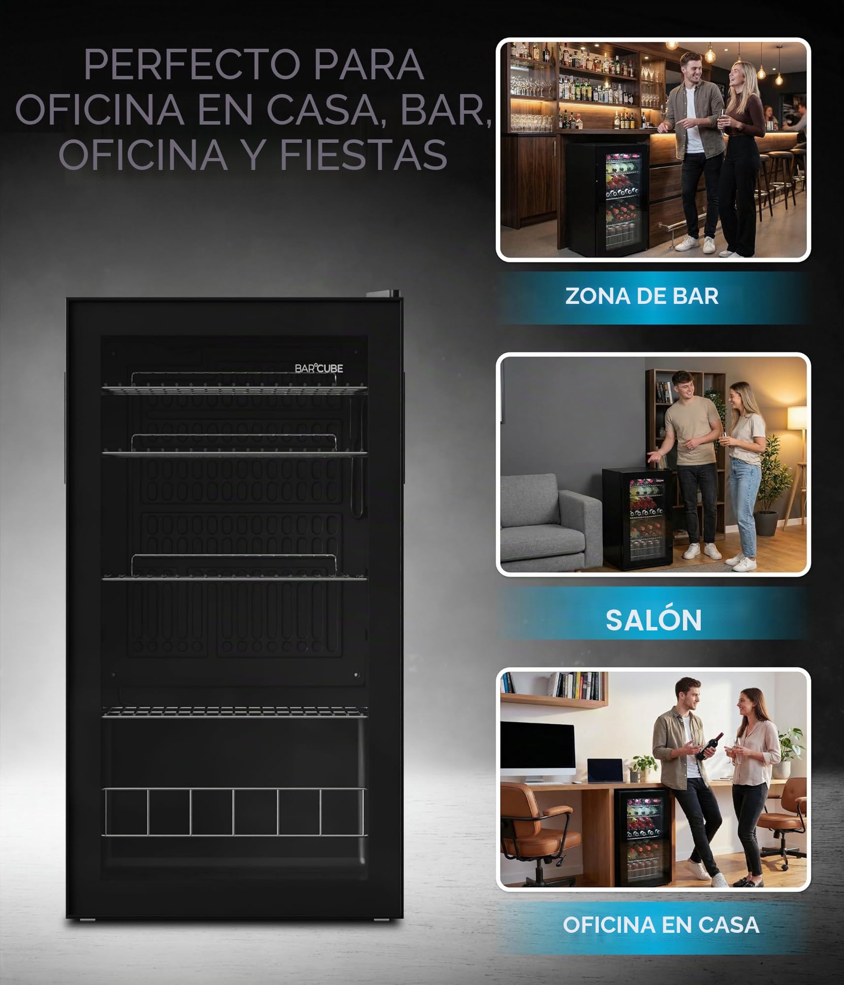 °CUBES Frigorífico para bebidas BAR 90L, frigorífico con puerta de cristal, con 4 estantes