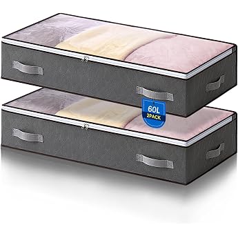 AIOR Pack of 2 60 L Underbed Storage Bags with Viewing Window Foldable Underbed Storage Bag Clothes Storage Blanket Organiser Storage Container 80 x 50 x 15 cm