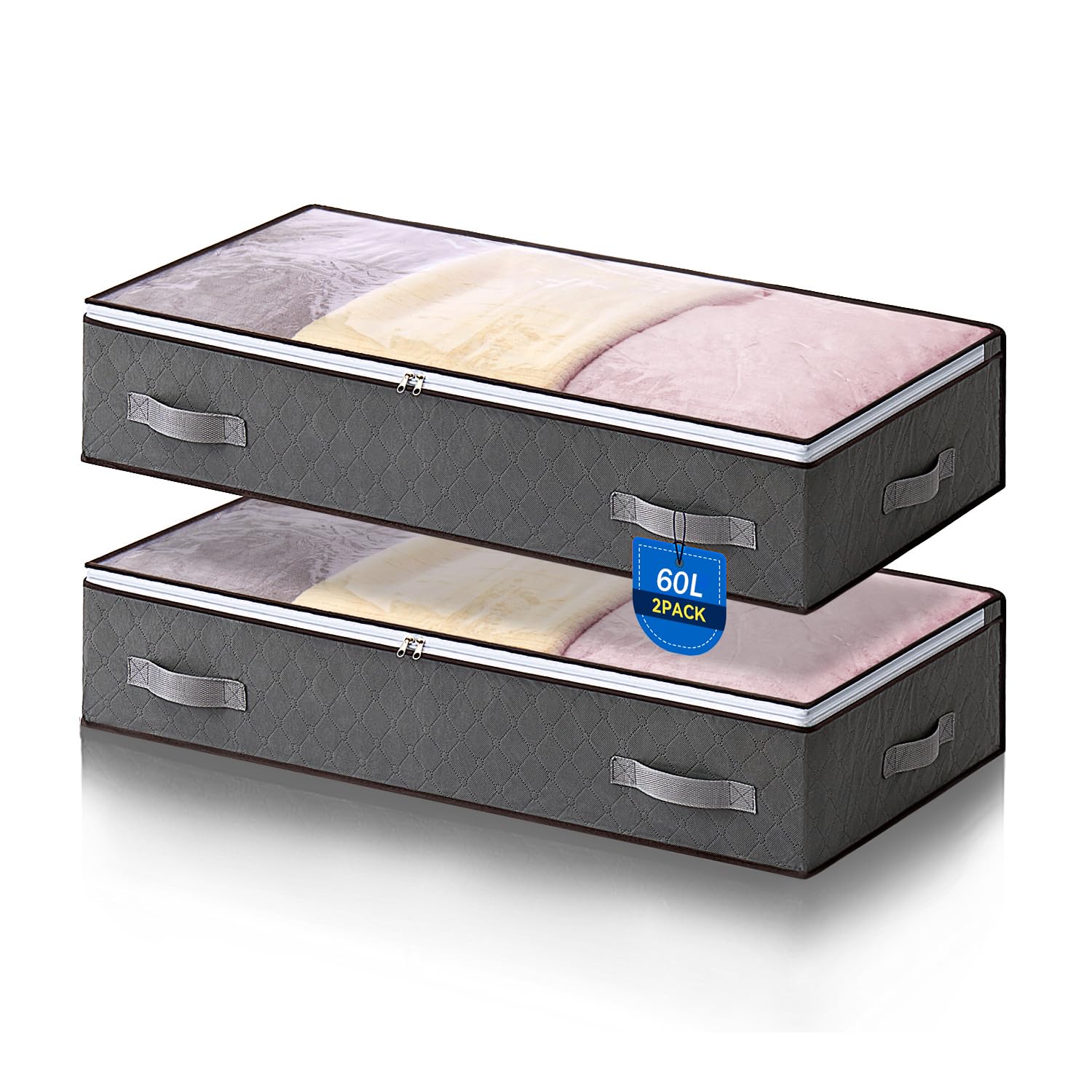 AIOR 2 Piezas 60L Bolsas Almacenaje Ropa Debajo de la Cama, Cajas Almacenaje de Gran Capacidad con Ventana Transparente, Cama Organizador Armario para Mantas Edredones, 80x50x15cm