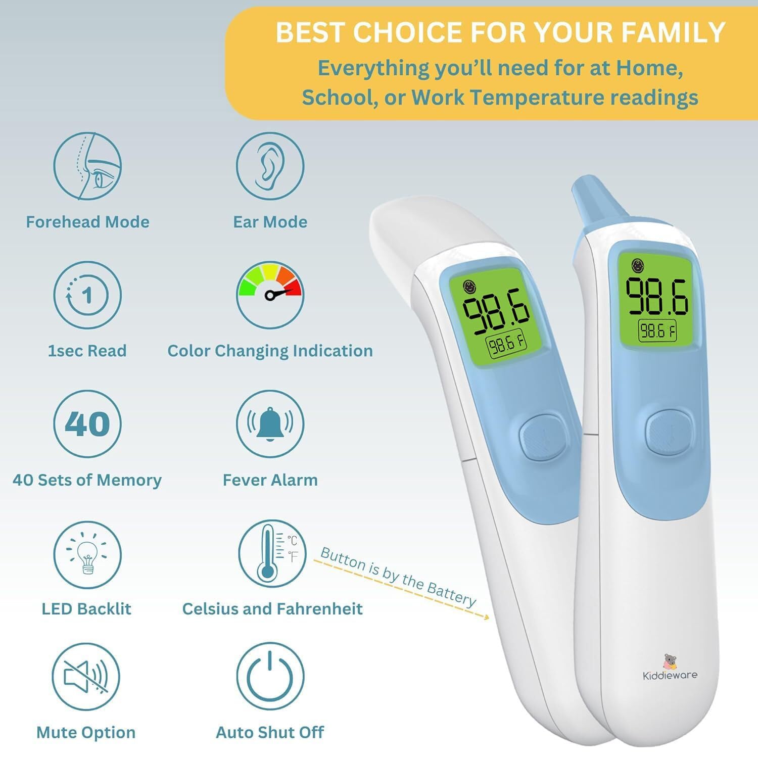 Diagram showing various features of the Kiddieware thermometer including forehead mode, ear mode, 1-second read, color changing indication, memory, fever alarm, LED backlit, Celsius and Fahrenheit, mute option, and auto shut off.
