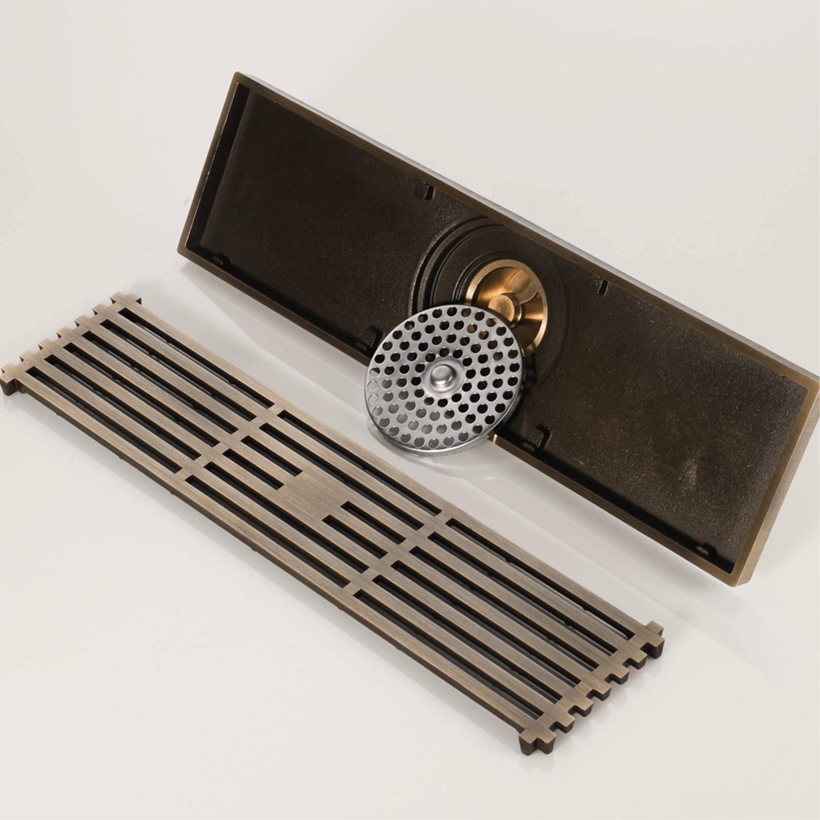 Caniveau de Douche Bronze Drain de Plancher Laiton Rectangulaire Siphon de Sol Anti-Odeur Drain De Douche pour WC Salle de Bain Cuisine (300mm × 82mm)
