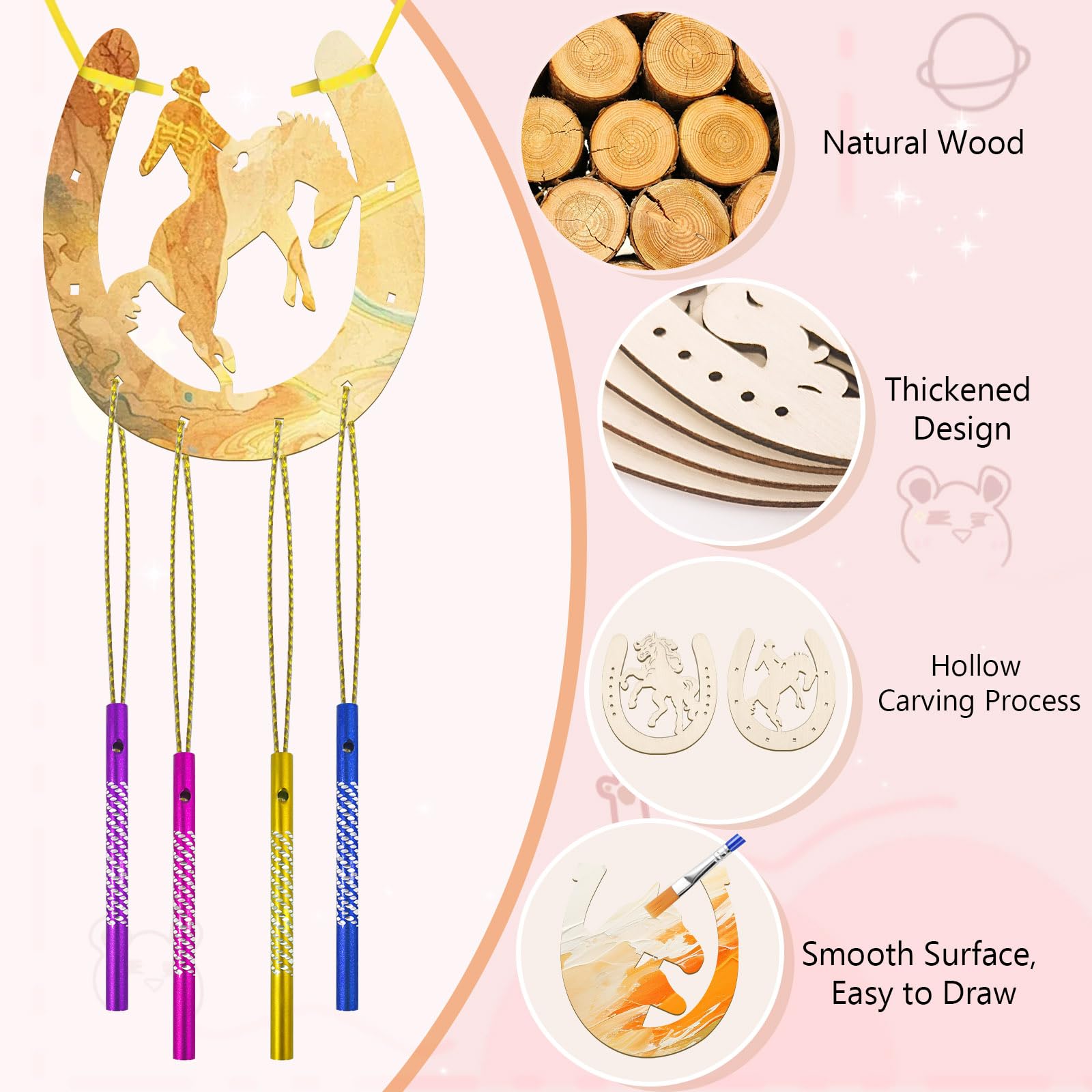 REJOECE 24 Pcs Wooden Horseshoe Wind Chimes, Wooden Horseshoe Kits,Horseshoe Decorative Wind Chime Craft Set - Image 3