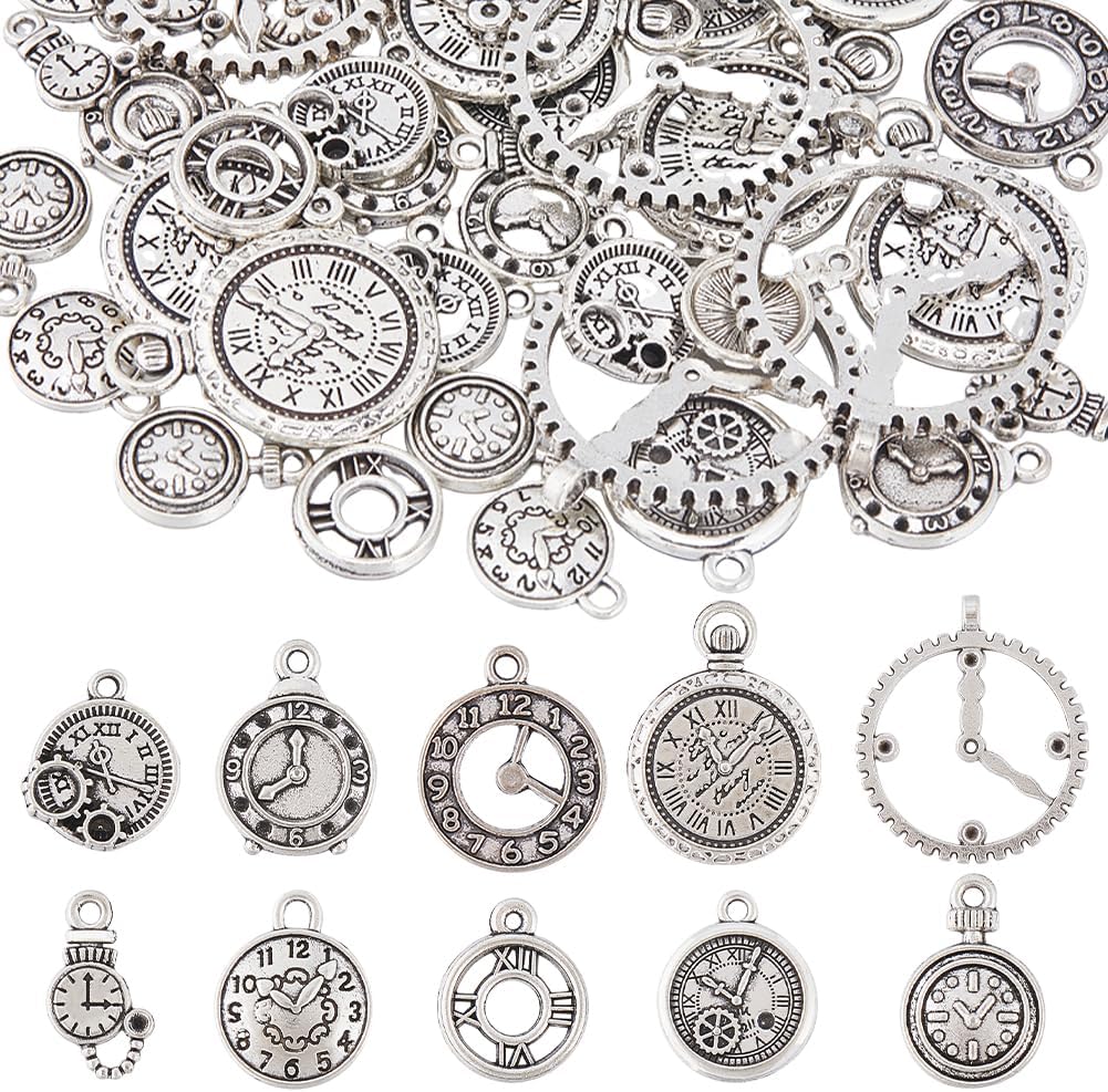 1 Box 60Pcs 10 Styles Steampunk Charm Bulk Clock Face Charms Antique Silver Retro Punk Vintage Alloy Watch Time Charm for Jewelry Making Charms Supplies DIY Necklace Bracelet Earrings Adults