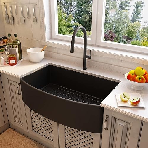 Miniatura 8 de Mondawe Fregaderos de cocina de granja de 33 pulgadas, fregadero de granja negro de arcilla refractaria, fregadero de granja frontal curvado,