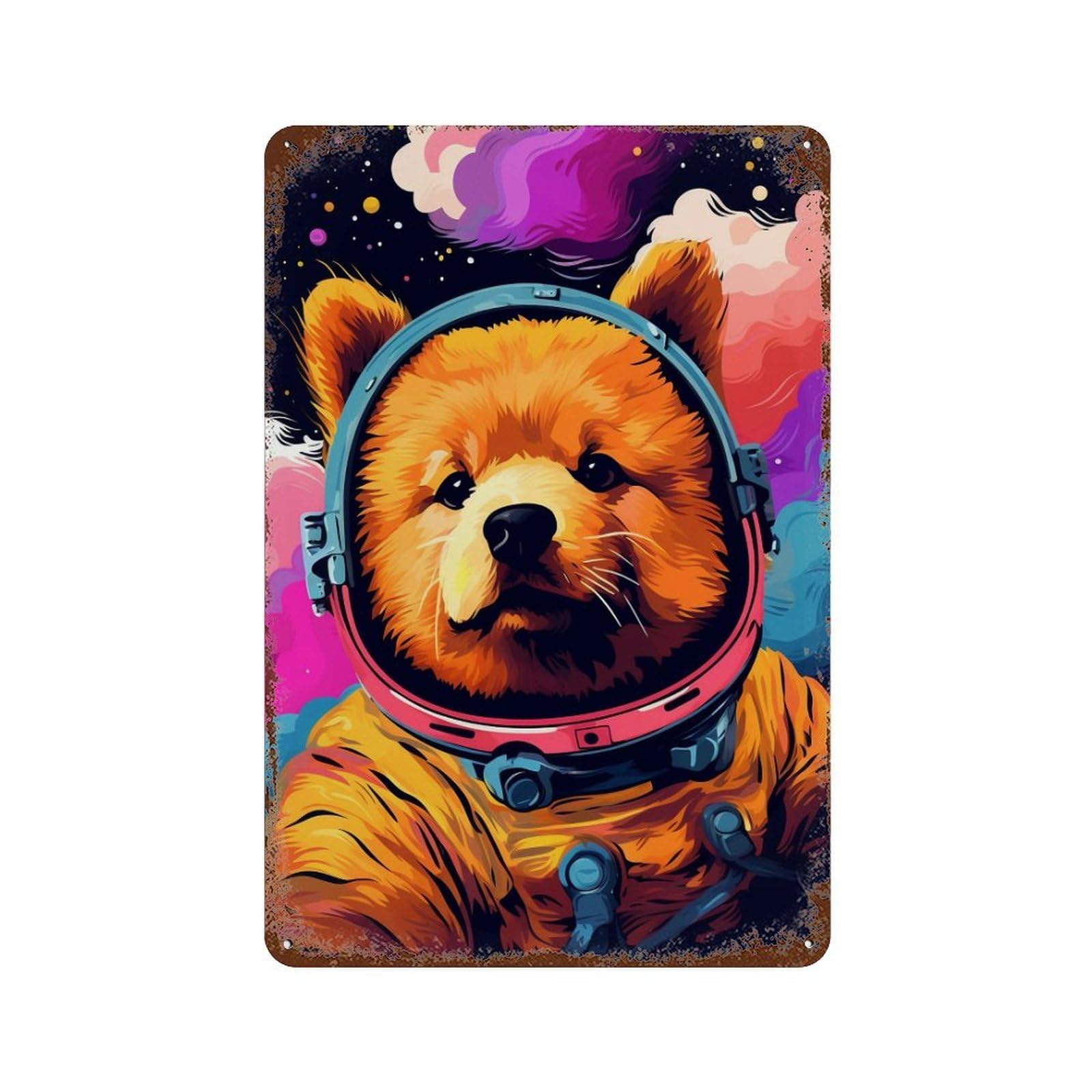 Rust Effect Cosmic Pomeranian Explorer Distressed Metal Wall Sign 11.8"x7.9", Shabby Chic Decor for Pub, Kitchen And Man Cave Decor