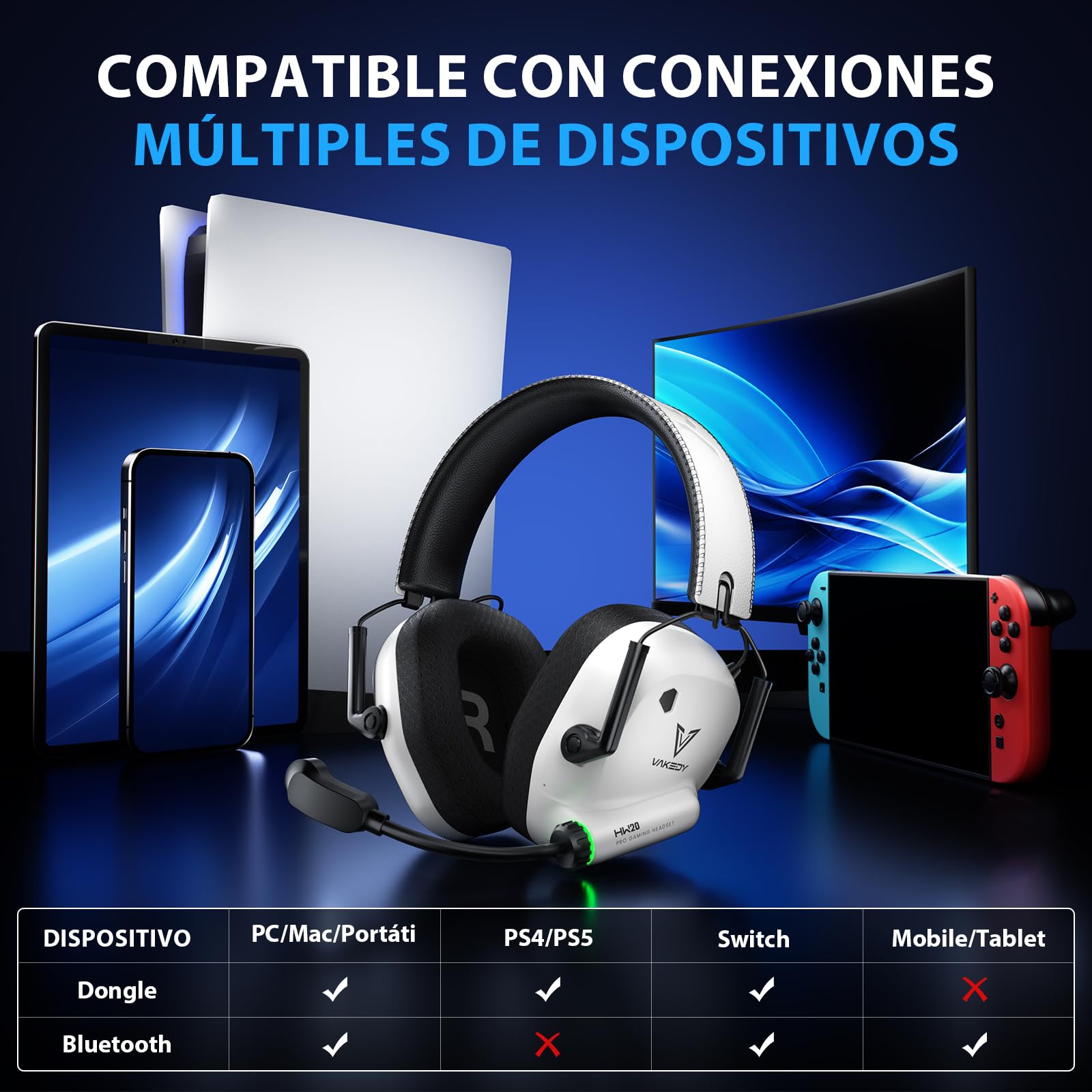 Vakedy Cascos Gaming Inalambricos, 2,4 GHz USB y Auriculares Bluetooth con Micrófono, Ultraligeros, Driver 50 mm, Baja Latencia, Batería 50H, Cascos Gamer para PS5/PS4/PC/Mac/Switch