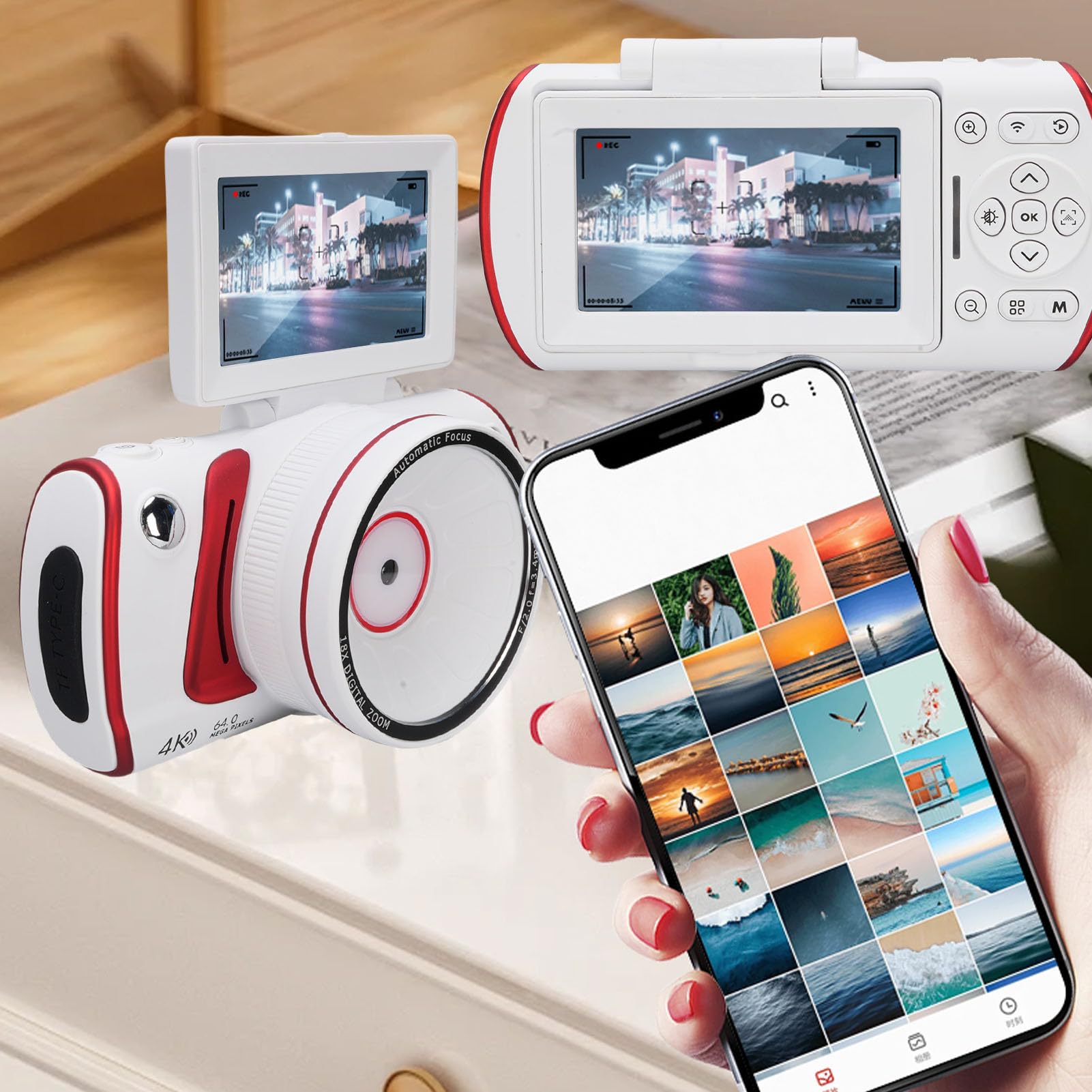Annadue 64MP 4K Aparat Cyfrowy do Fotografii, Kamera Vlogowania z Wi -Fi, 3 -calowy Ekran Klapki, 18x Cyfrowy Zoom, Autofocus, Anty Shake, Kamera Wideo do Podróży (WHITE)