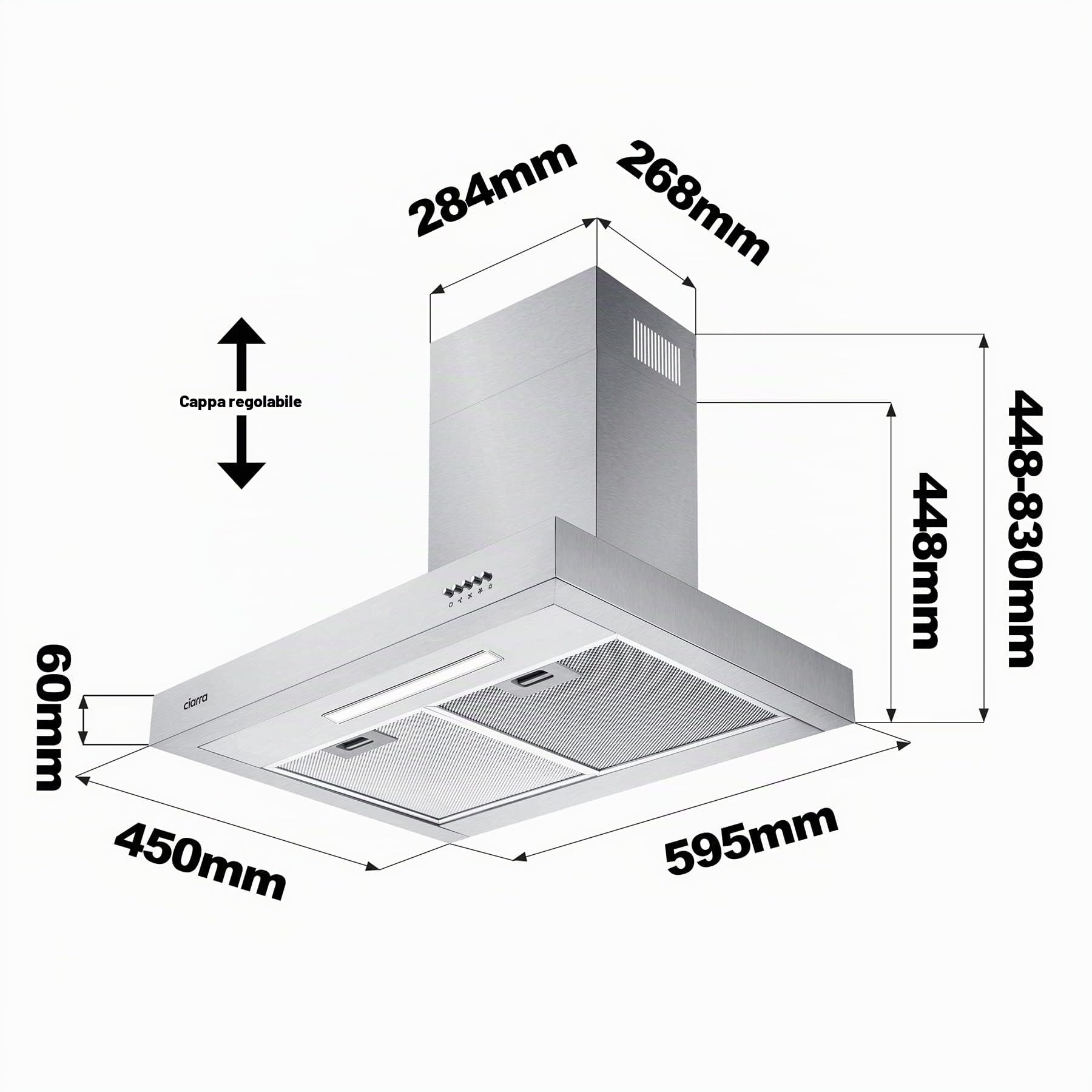 CIARRA CBCS6125 Classe A Cappa Aspirante 60 cm 370m³/h Cappa Camino a Ricircolo Luci LED 3 Velocità Aspiratore Cucina Acciaio Inox con Filtri Carbone CBCF004