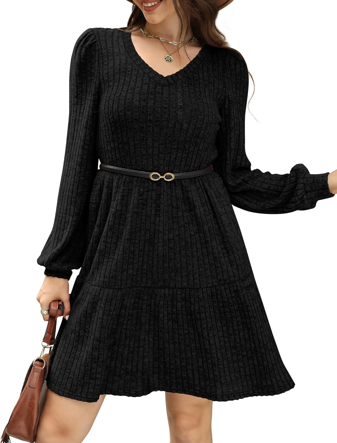 SAMPEEL Womens V Neck Long Sleeve Fall Dresses Baby Doll Casual Sweater Dress Fashion Clothes - Image 4