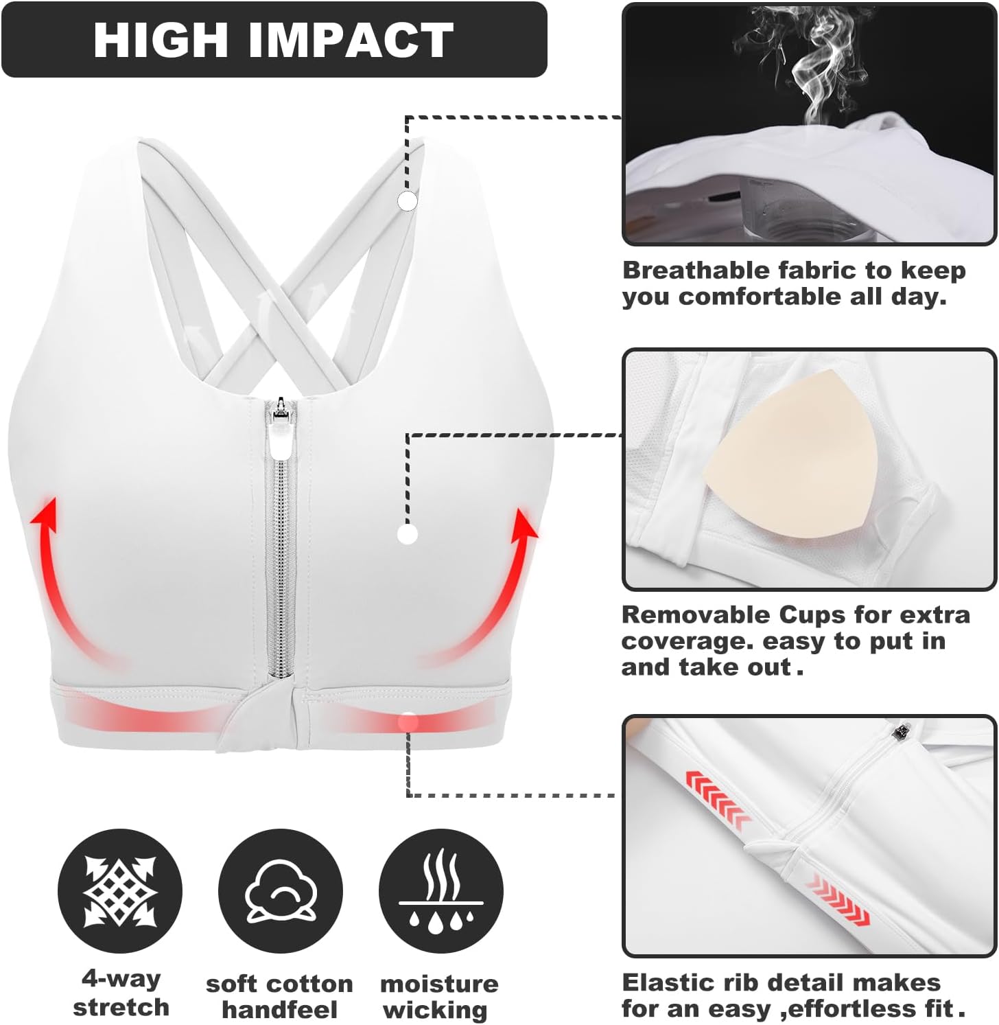 Front Zipper Sports Bras for Women High Impact Workout Bra Tops Padded Criss-Cross Back Yoga Training Running Bras - Image 5