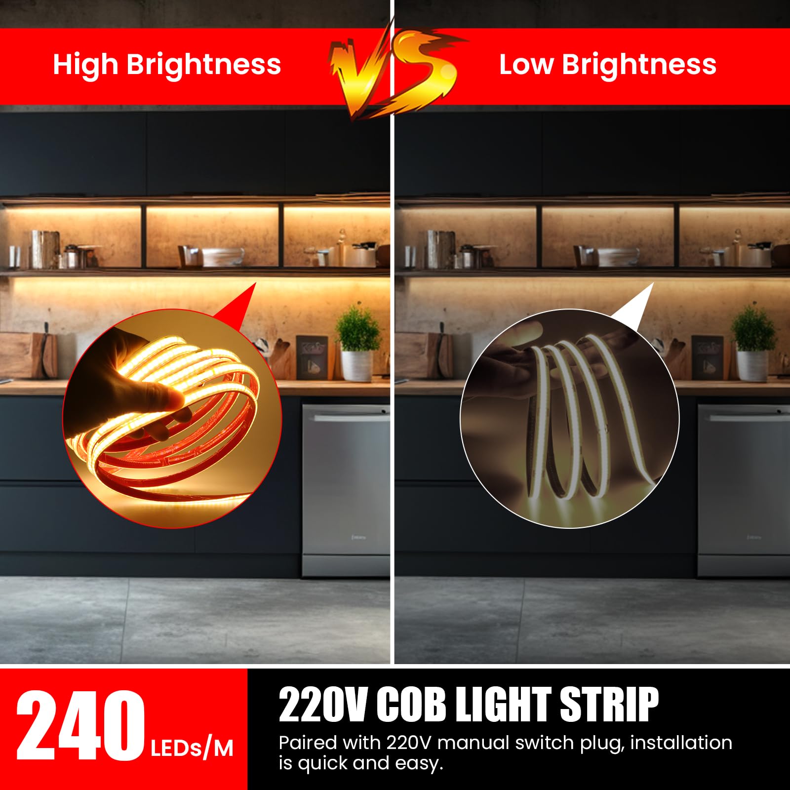 Tira LED COB 220V [50M, Blanco Natural 4000-4500K], IP65 impermeable flexible, 240 LEDs/m Tira LED FCOB CRI85+, cortable cada 10cm, iluminación decorativa para hogar/tiendas