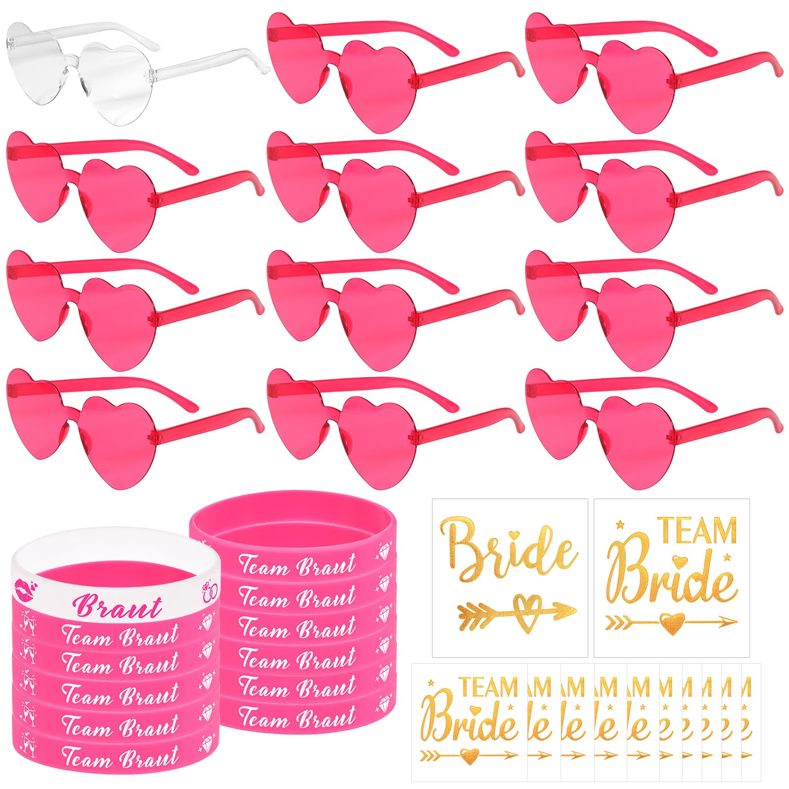 HOWAF 36 Stück JGA Accessoires Frauen, 12 JGA Brillen Herz Sonnenbrille + 12 JGA Deko Armbänder Frauen Silikonarmband + 12 Team Bride Tattoos Hochzeit, Junggesellenabschied Frauen, Bride to Be Deko