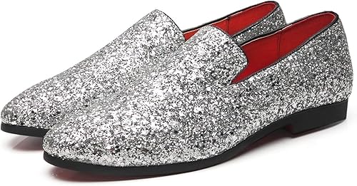 Miniatura 4 de Haza Pairs Pantuflas brillantes para hombre, con lentejuelas metálicas, con textura, esmoquin con purpurina, mocasines de graduación, zapatos de