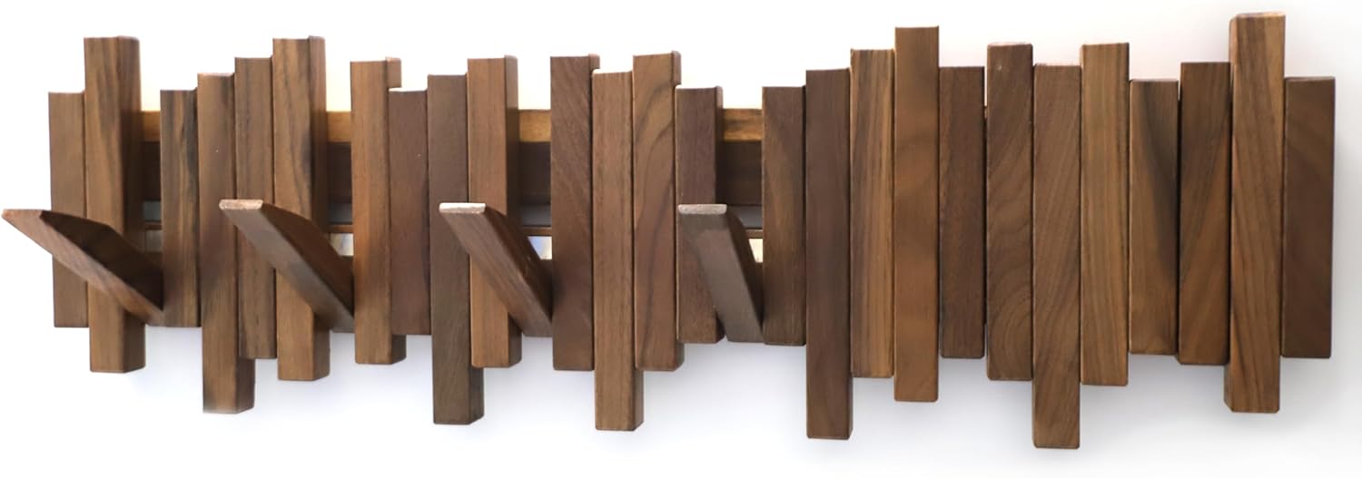 Hardwood Wall Mounted Piano Coat Rack| Flip Down Wall Hook Rack 6 Hooks|Heavy Duty Coat Hooks.Made of Black Walnut.Wall Art
