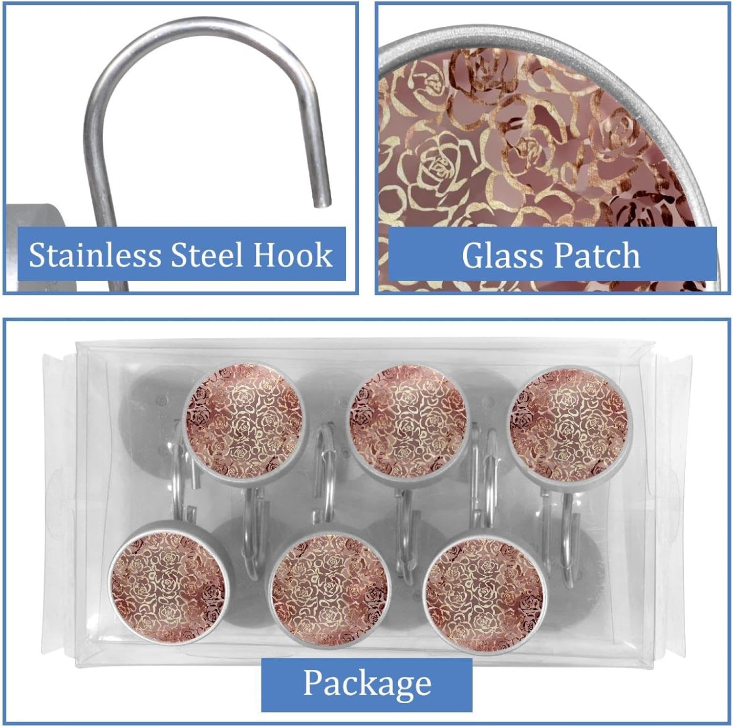 Leopard Rose Gold Pattern Round Crystal Glass Decorative Shower Curtain Hooks with 3D Pattern Visual, Rust Proof Shower Curtain Rings-12 Pack