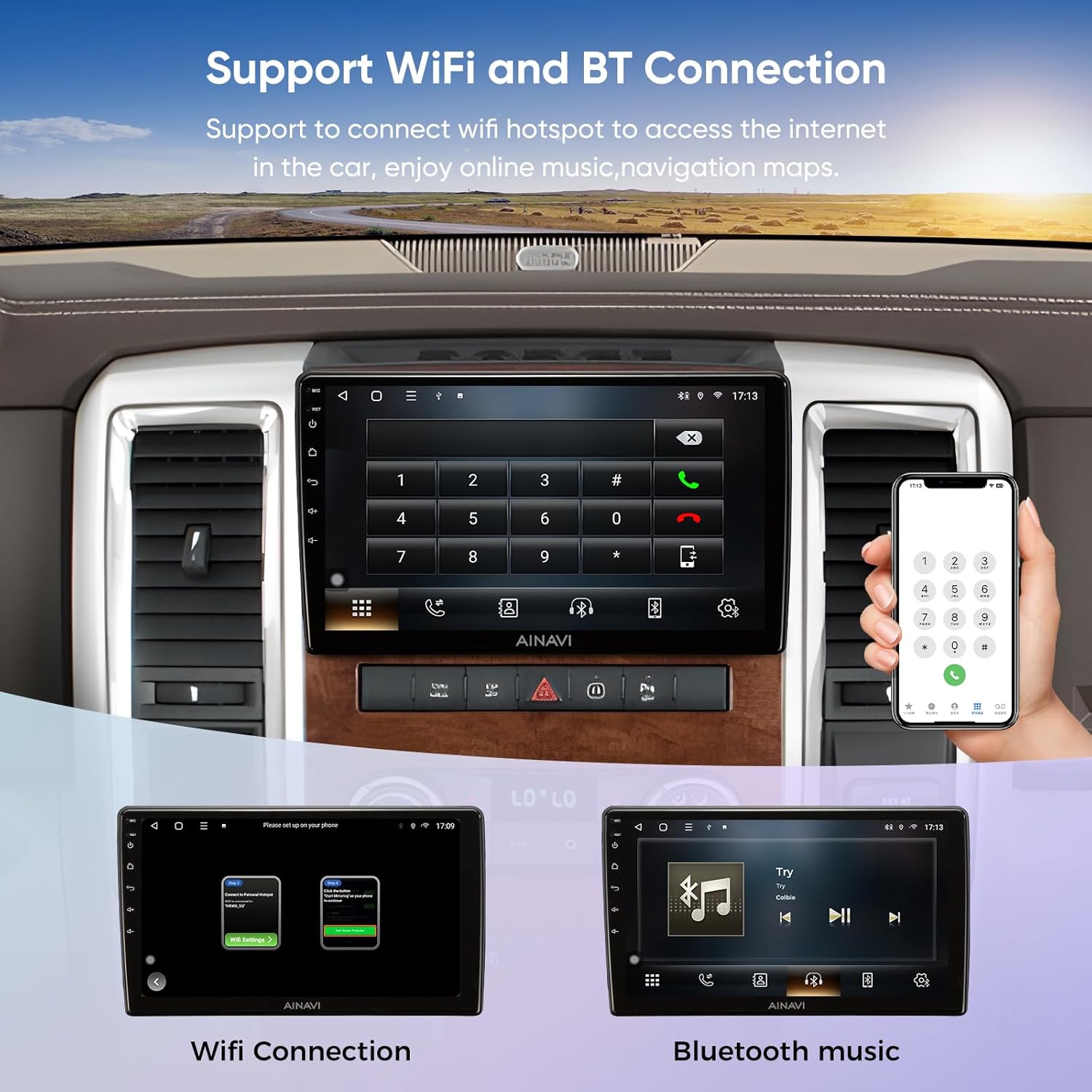 The AINAVI car stereo screen in split-screen mode, showing two applications running side-by-side, and a separate image demonstrating steering wheel control functionality.