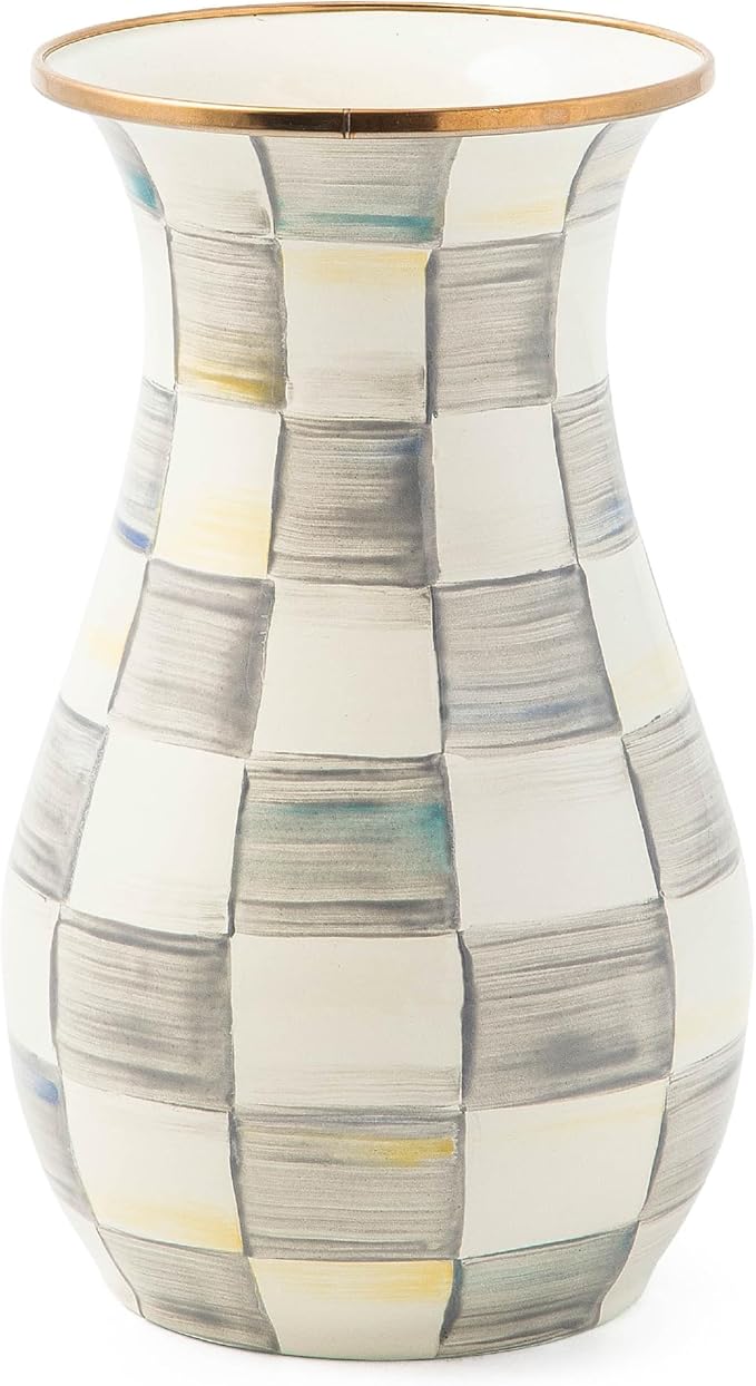 MACKENZIE-CHILDS Tall Enamel Vase, Unique Flower-Vase Decor for Living Room, Gray-and-White Sterling Check