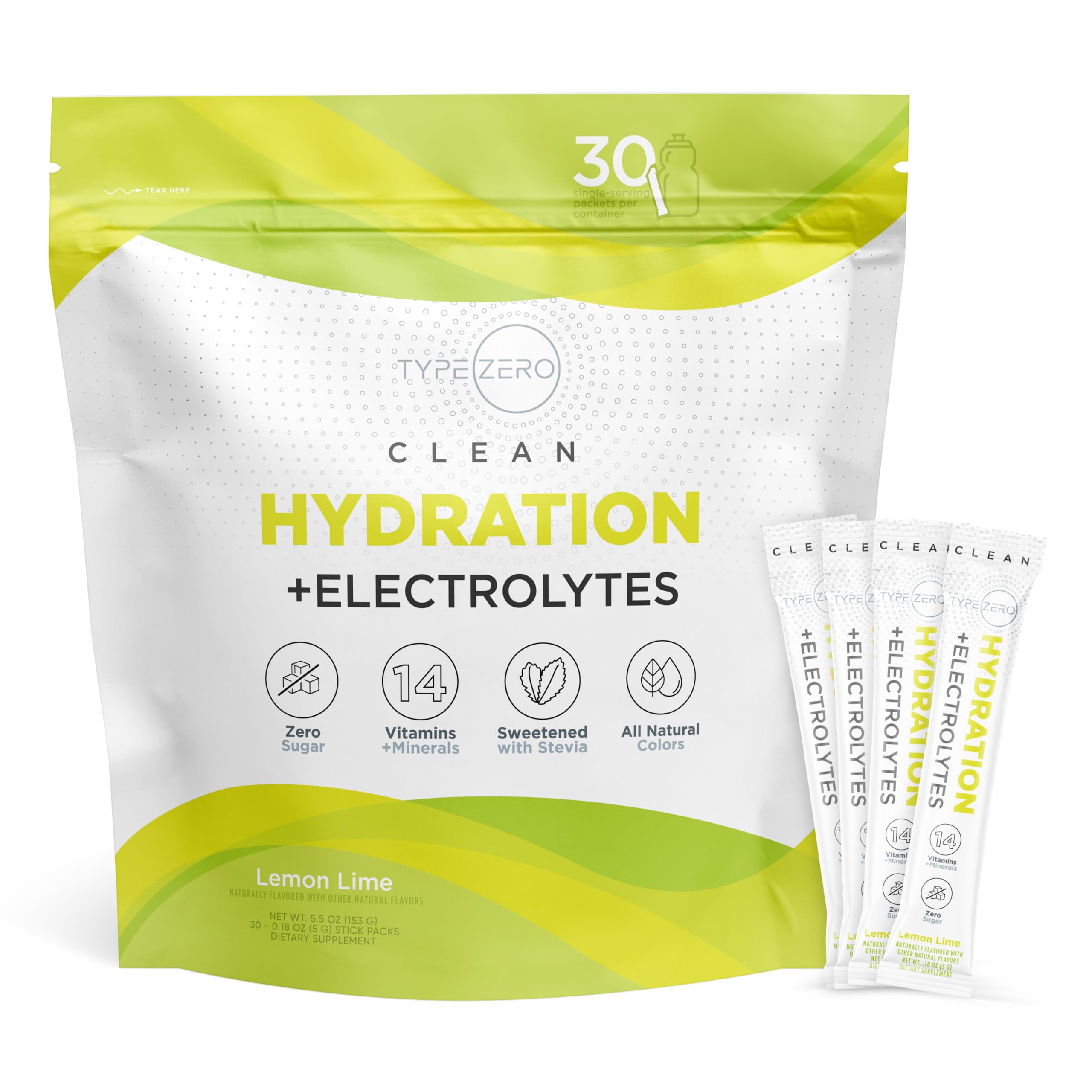 Type ZeroClean Hydration + Electrolytes Drink Mix (30 Single-Serving Packets) - Advanced Hydration for Any Occasion (Lemon Lime)