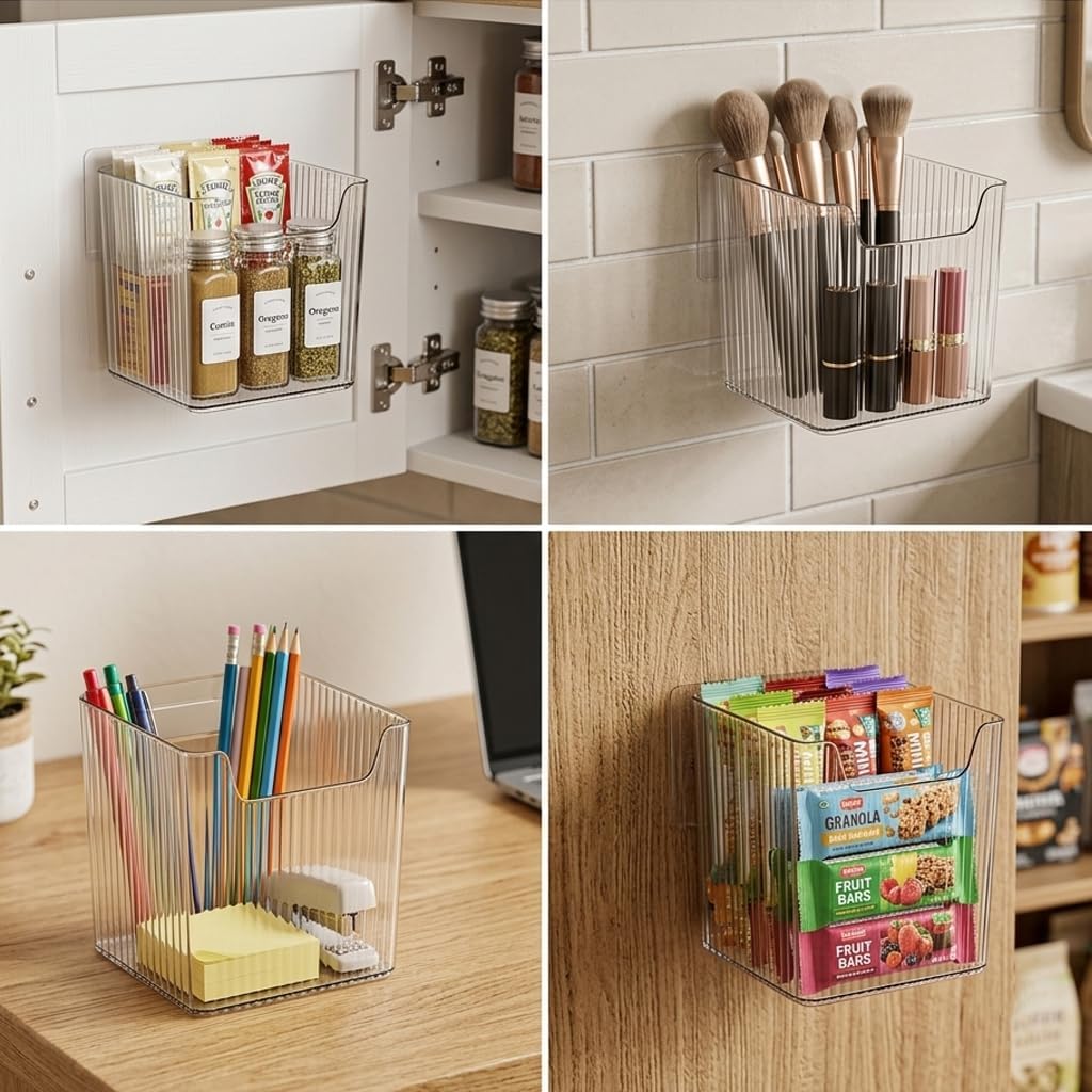 RR RAXMIN 6 Pack Cabinet Door Organizer ,Clear Storage Caddy, Adhesive Wall Mounted Organizer Bins, ,Stackable Basket for Kitchen Cabinets, Bathroom, Pantry, Office, and Tabletop Organization