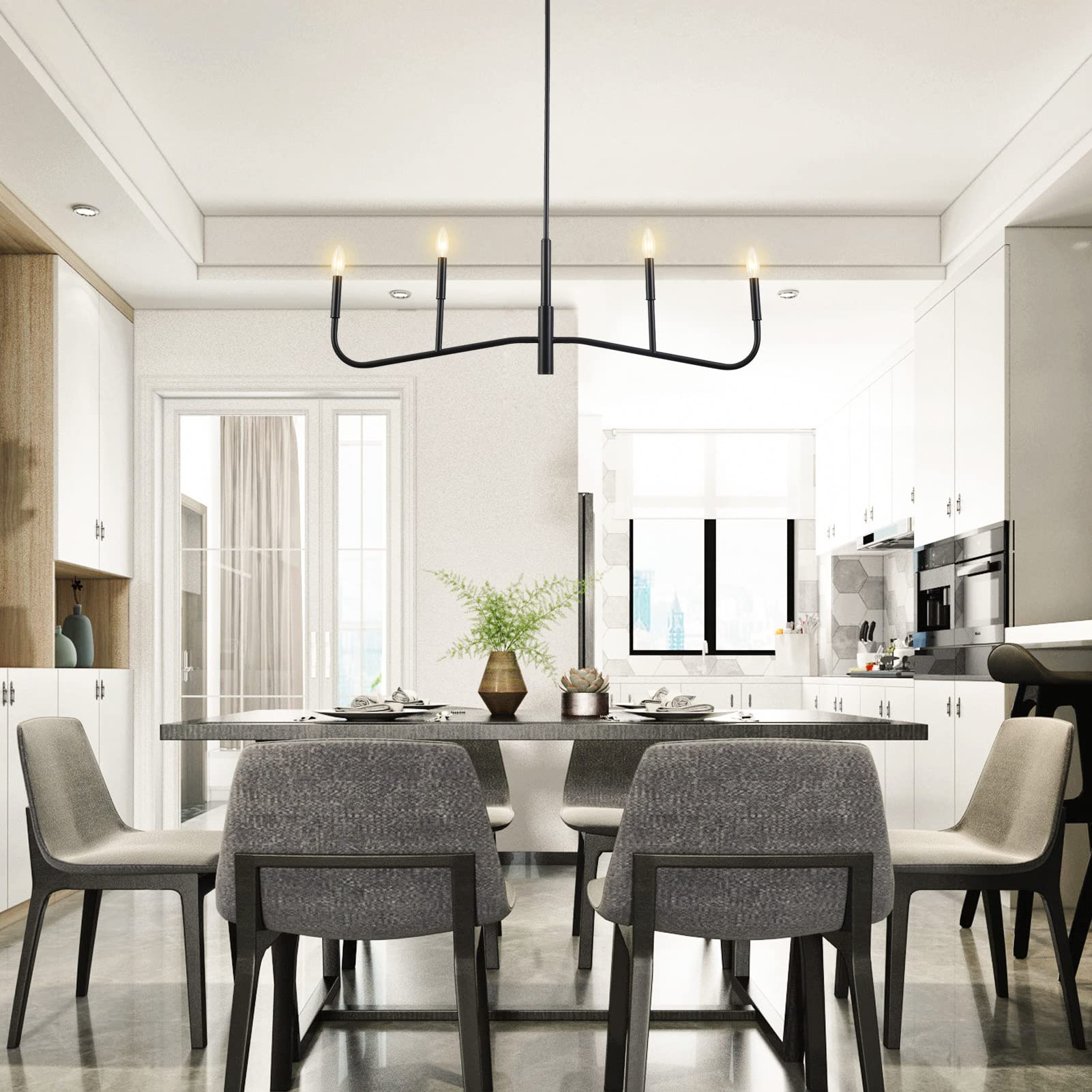 Linear Chandelier 4 Light, Black Kitchen Lights, Modern Farmhouse Kitchen Island Lighting, Dining Room Light Fixtures Over Table, Hanging Light Fixtures for Kitchen Island, Dining Room