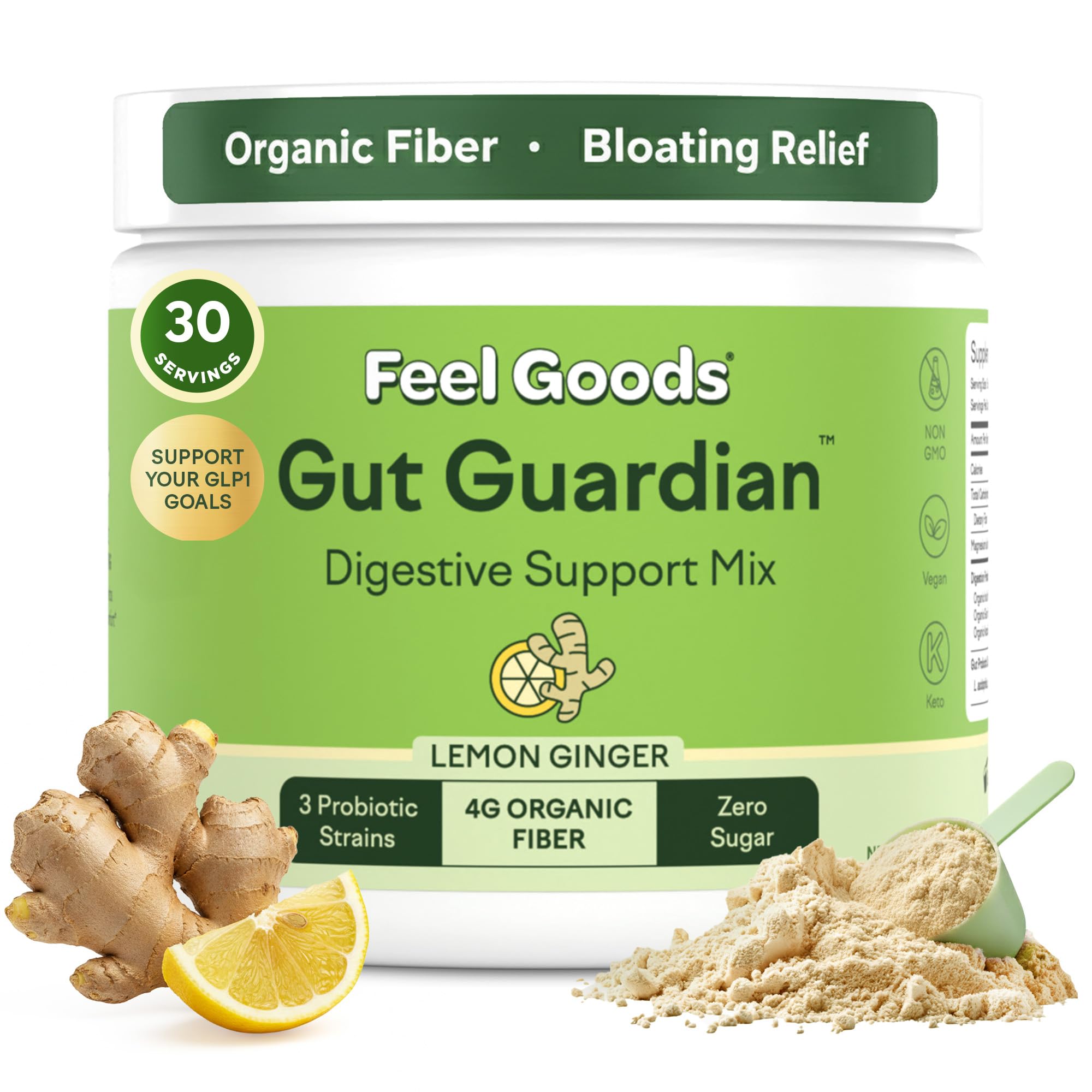 Gut Guardian, Gut Health Powder Drink Mix - Probiotic Fiber Powder with Prebiotics & L Glutamine for Digestive Health, Bloating Relief & Digestion Support - Zero Sugar & Organic Flavor