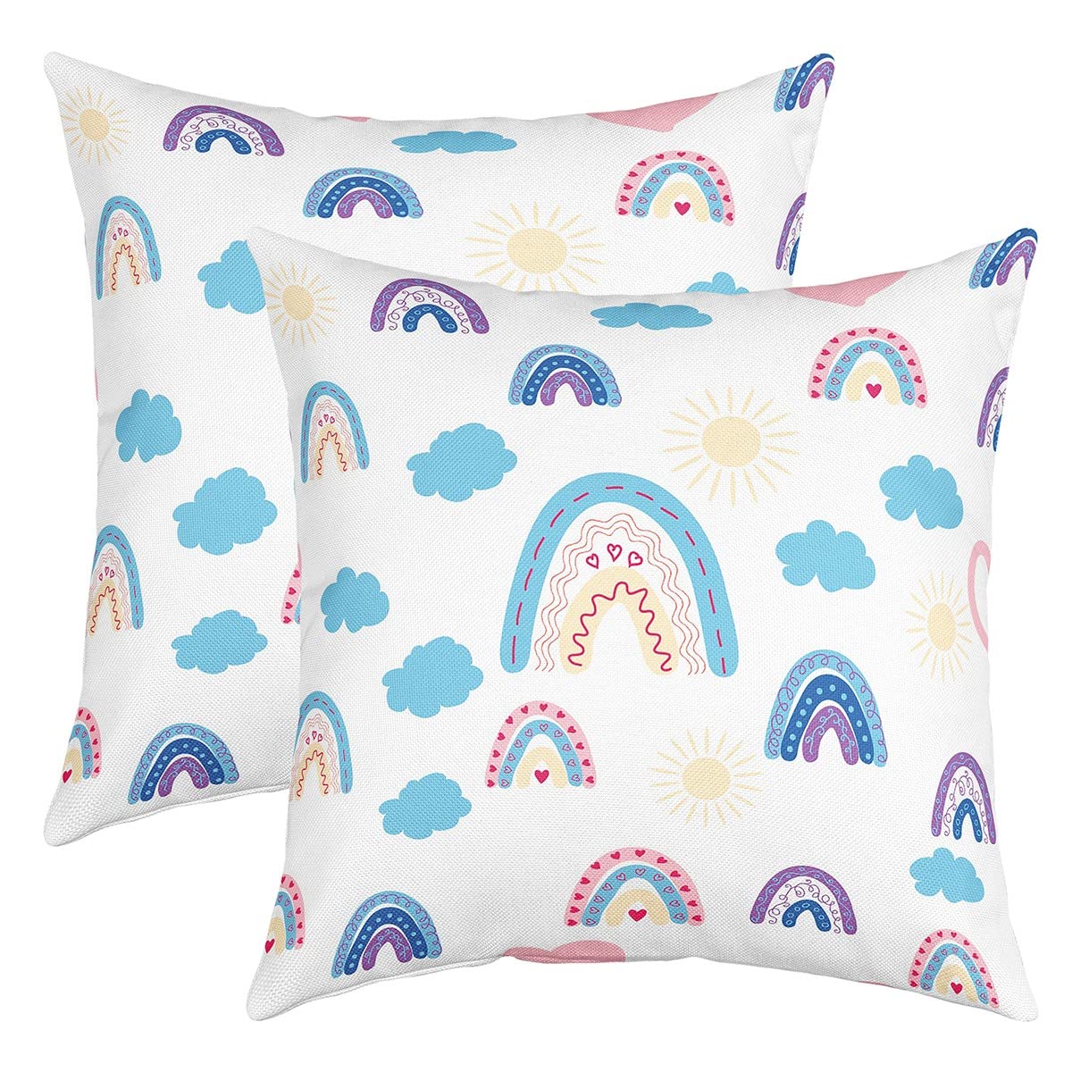 Loussiesd Cartoon Rainbow Pillow Cases Cushion Covers Set of 2 Soft Colorful Stripes Throw Pillow Covers Sun and Cloud Decor Pillow Cases Cushion Covers Nature Themed Square Cushion Cases 20x20 Inch — image 1