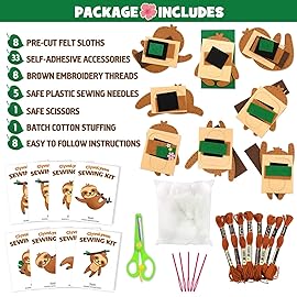 CiyvoLyeen Kids Sewing Kit Crafts - DIY Sloth & Jungle Animal Felt Crafts Sewing Set for Girls & Boys Ages 8-12 Learn to Sew 8 Cute Animal Projects