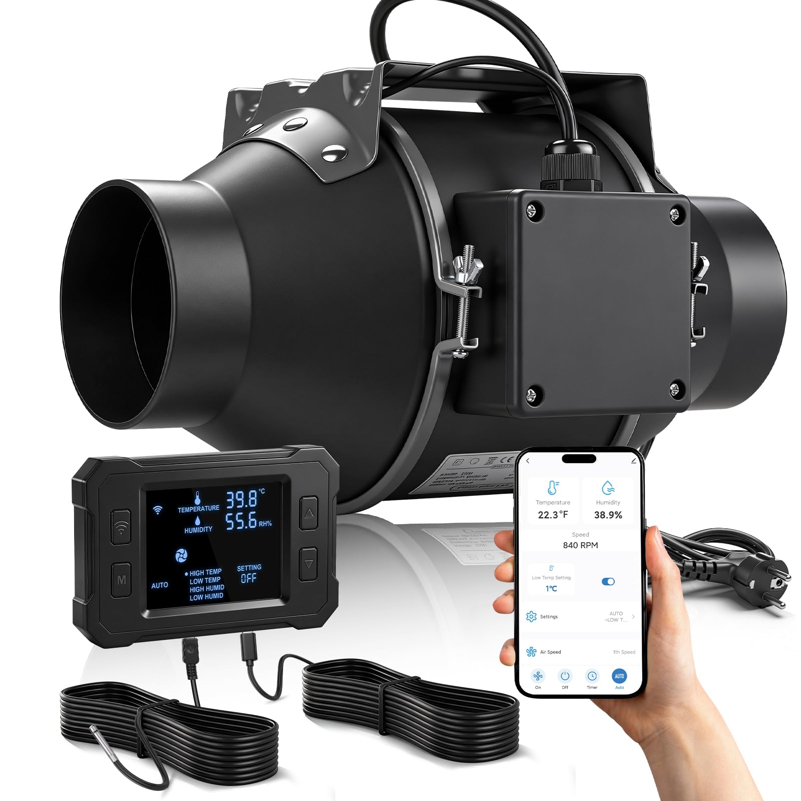 Wentylator rurowy 100 mm z aplikacją WiFi, 360 m³/h, 3000 RPM, inwerterowy silnik EC Inline wentylator wyciągowy z inteligentnym regulatorem temperatury i wilgotności, kabel 3 m, do namiotów uprawnych