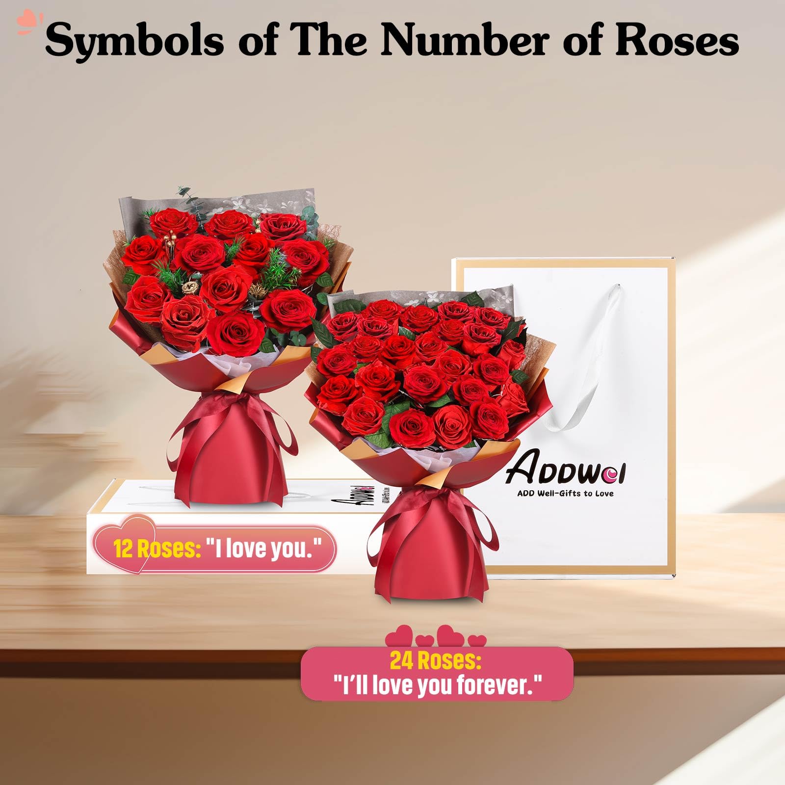 ADDWel Ewiger Rosenstrauß mit 24 echten konservierten roten Rosen, Infinity Rosen Blumenstrauß, Geschenke für Frauen, Geschenk für Freundin Mama Ehefrau zum Geburtstag, Jahrestag Weihnachten