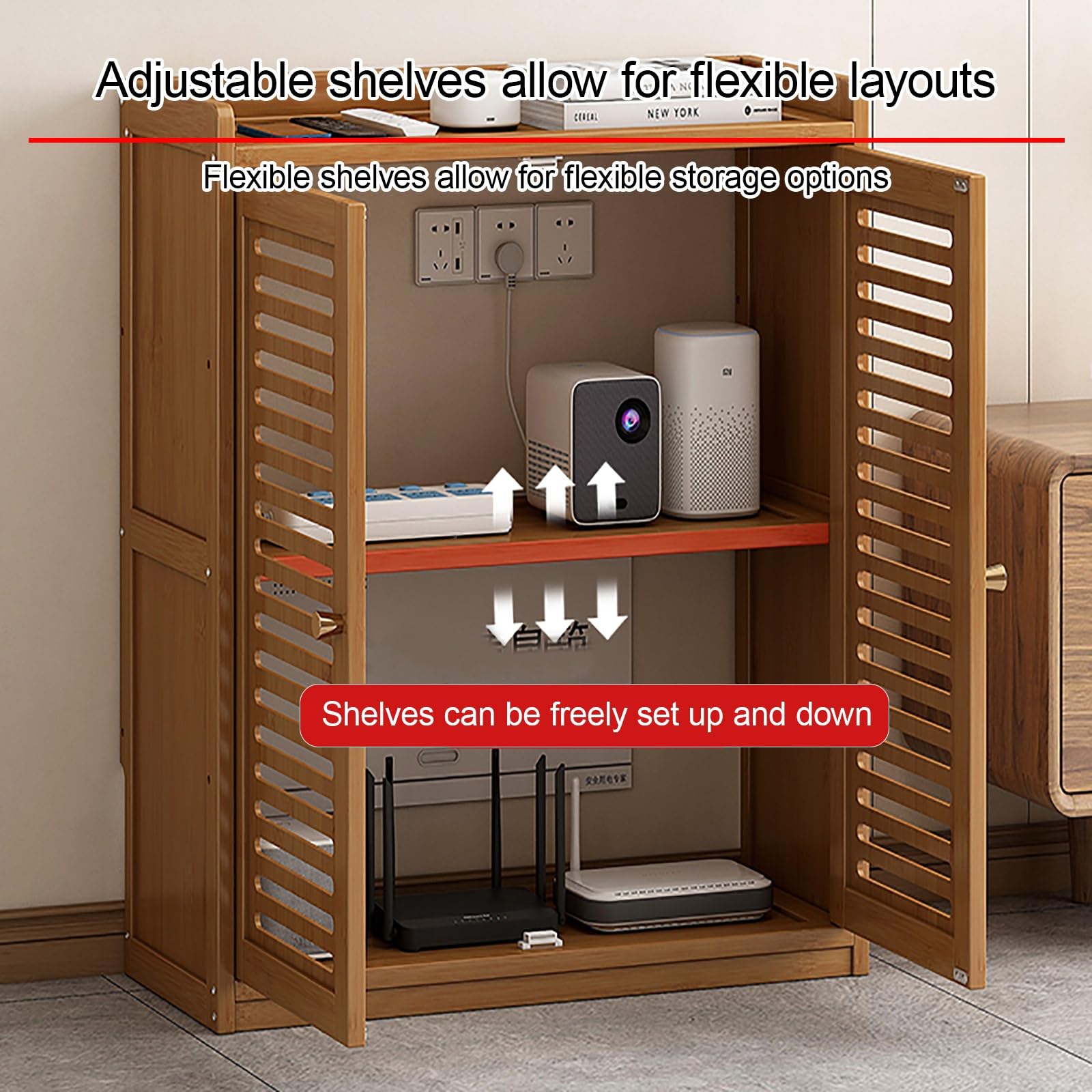 Générique Meuble de Rangement pour routeur Wi-FI en Bambou, étagères réglables, Compartiment dissimulé, Meuble multimédia autoportant pour Salon et Chambre, 82 cm, Finition Marron