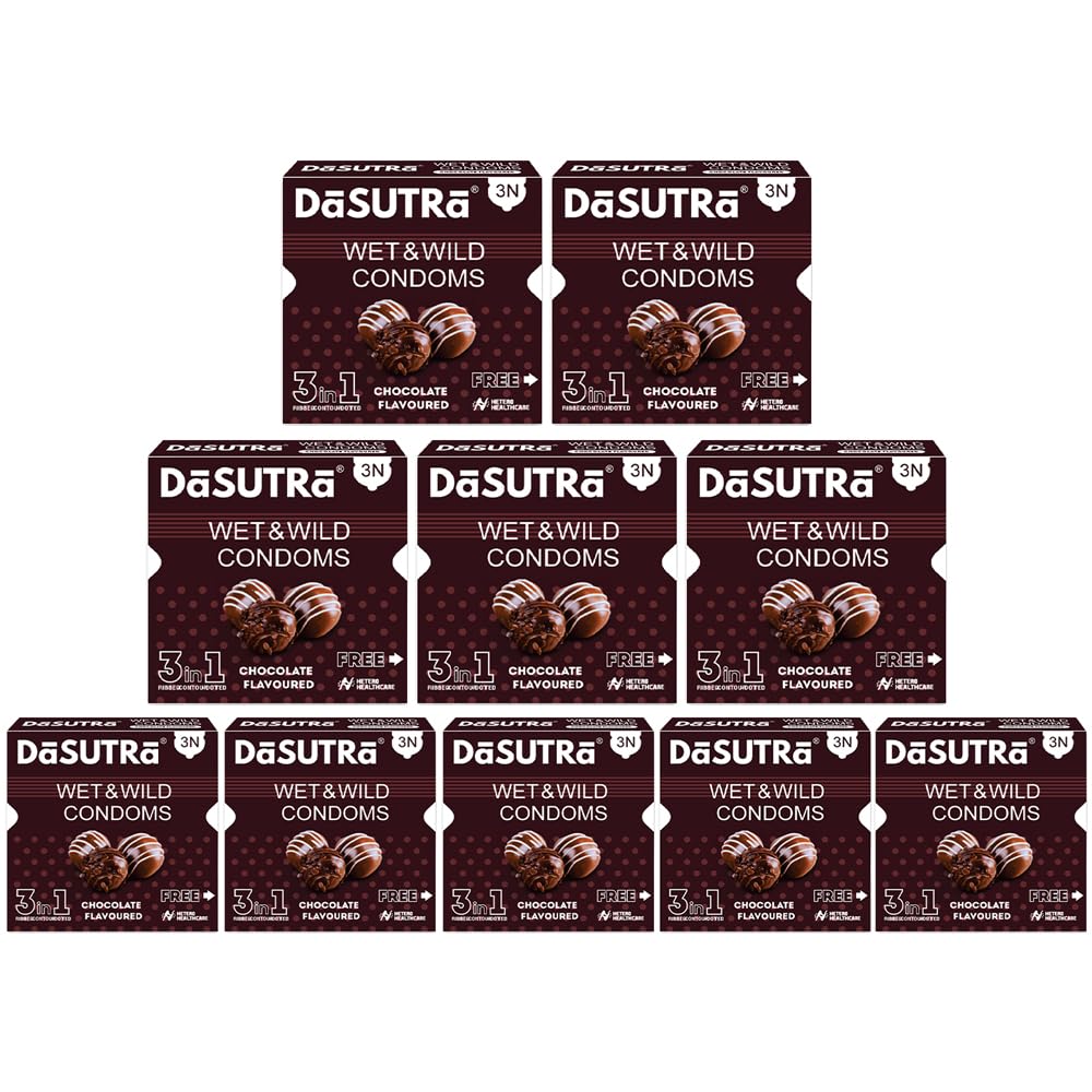 DaSutra Wet & Wild Condoms - 3's Pack Lubricated, Ribbed, and Dotted (Pack of 10, Chocolate)-image-1