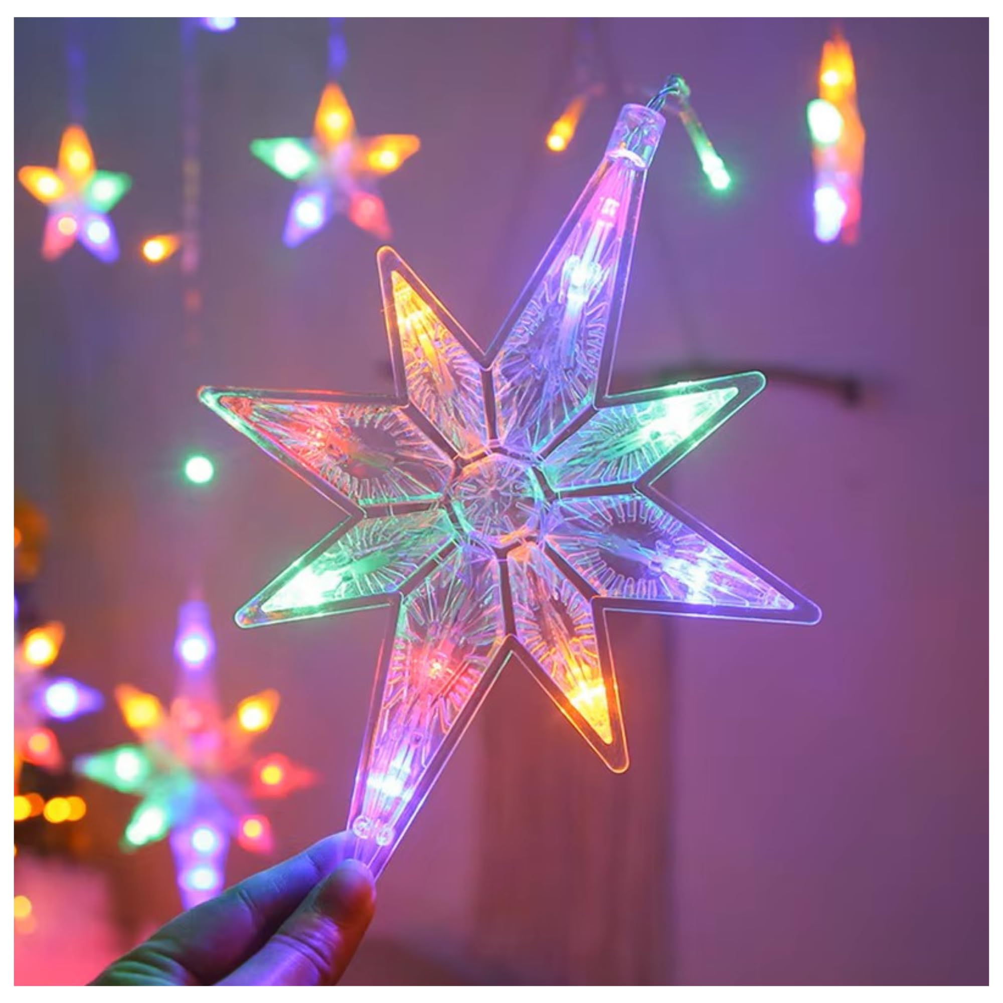 KHIZAR 6+6 Polar Star Curtain LED Lights Warm White with 8 Modes – Star Fairy Curtain Lights for Ramadan, Eid, Muslim Festival, Women’s Day, Bedroom, Restaurant, Hotel, Window & Festival Decoration