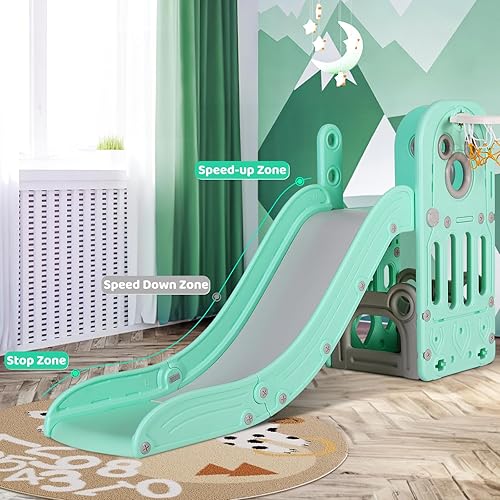 Miniatura 3 de Arlopu Tobogán para niños en forma de L, 5 en 1 para niños pequeños, con pelota y aro, espacio de almacenamiento y pasos antideslizantes, juego de