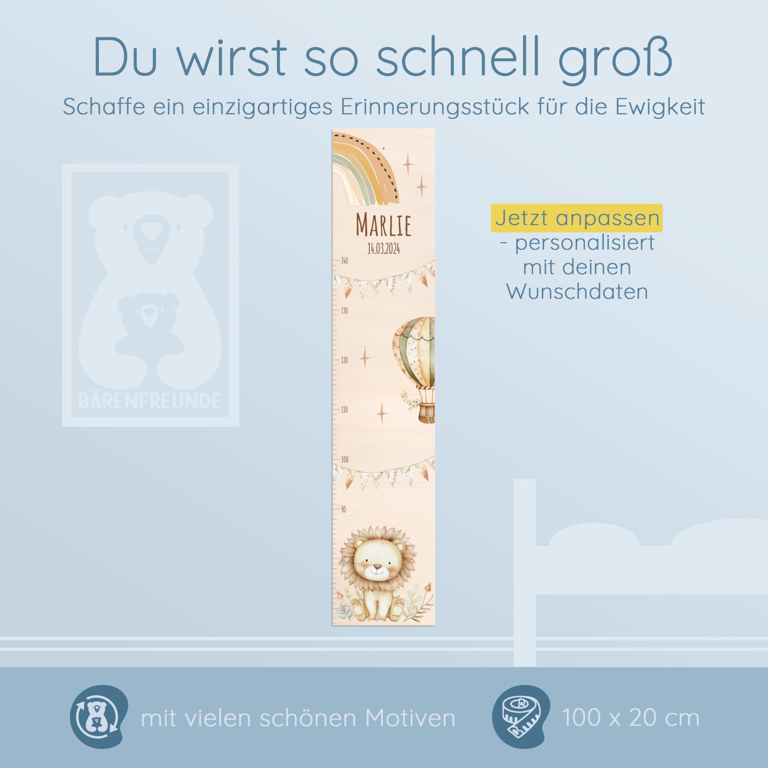 Bärenfreunde® - Personalisierte Messlatte Kind Holz zum Kleben oder Aufhängen - Skala 70-140cm - Süße Dekoration für Baby- & Kleinkinderzimmer (Kinder 70-140cm, Löwe)