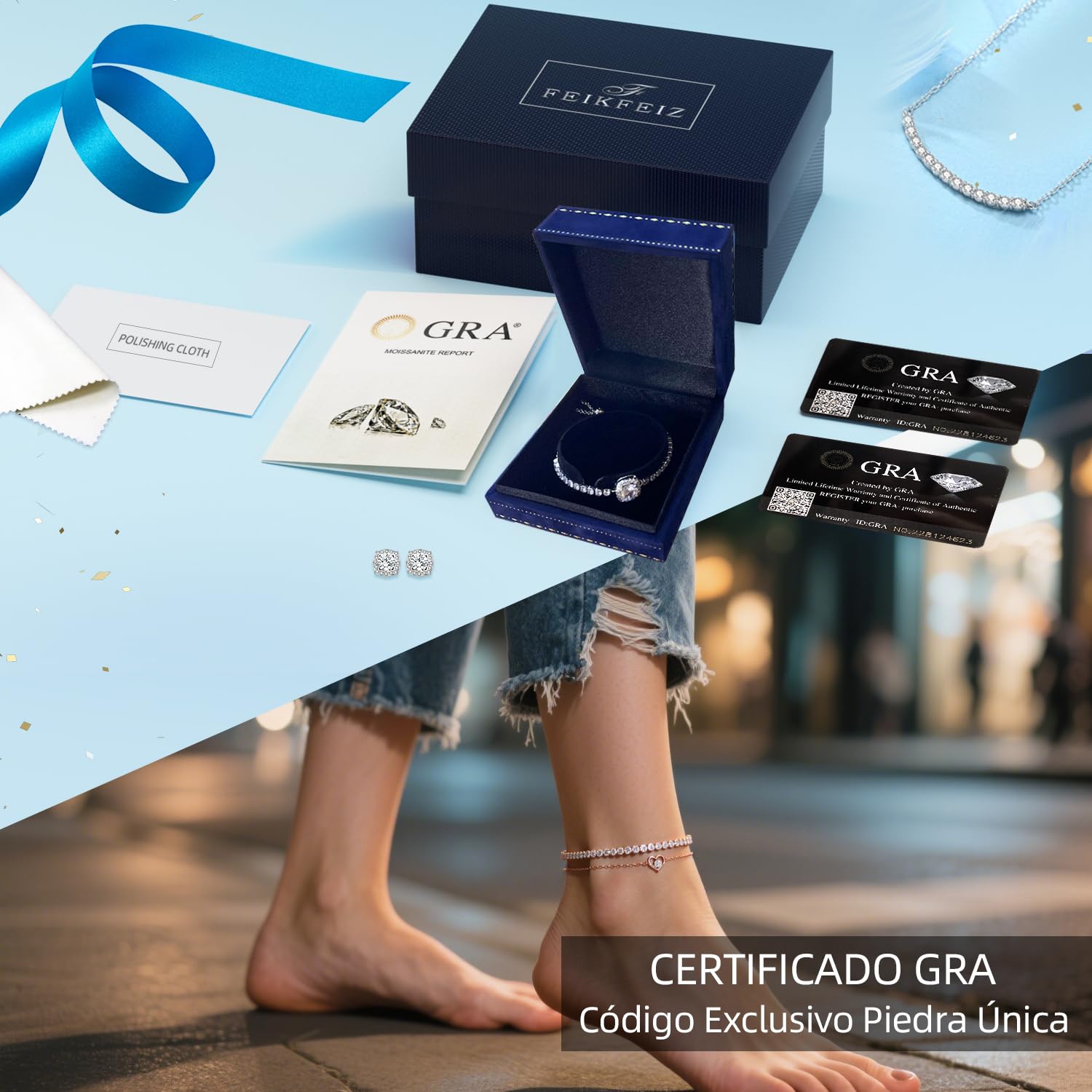 FEIKFEIZ Cadena de tobillo de moissanita, diamantes cultivados en laboratorio de 4 mm, chapado en oro rosa de 18K, cadena de tobillo ajustable para mujer, regalo de joyería.