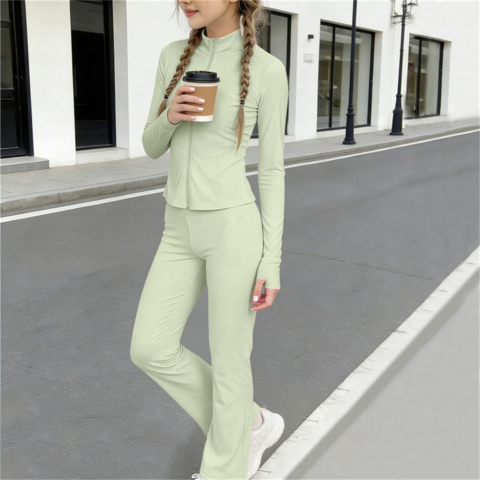 Yoga Bekleidungssets für Mädchen Modisch Sportanzug Set Langarm Jogginganzug mit Reißverschluss Daumenloch Kinder Sommer Outfit Sport Jacke mit Schlaghose Atmungsaktive Kleidung für Laufen, Fitness