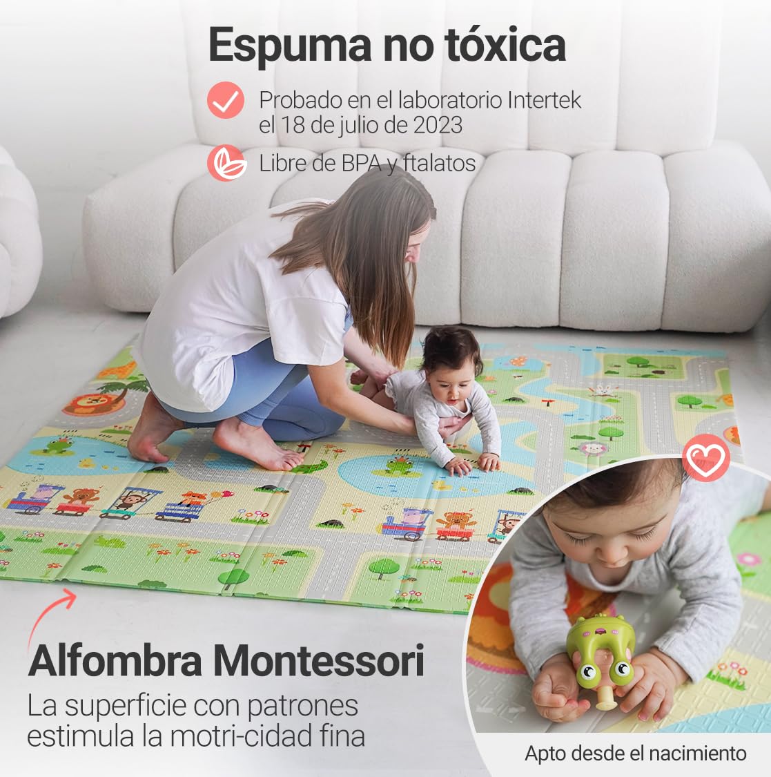 MIKMEL Alfombra Bebe Acolchada Plegable Reversible – Tapete Actividades y Juegos para Niños, Colchoneta de Suelo XPE Impermeable para Gateo – Diseño Carreteras/Animales – 180x150x1cm