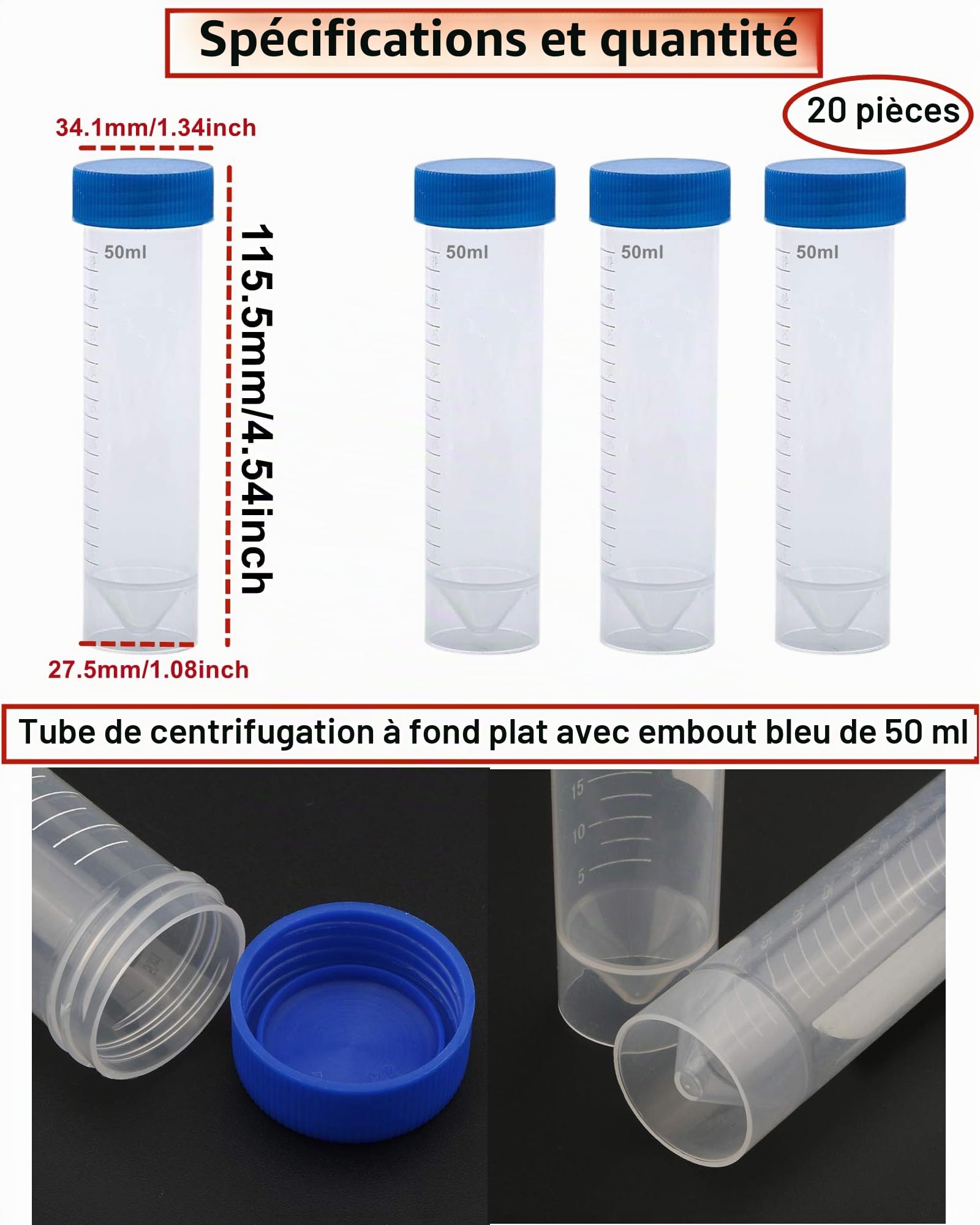 50 ML bleu Tube a Essai Plastique Tube,Tubes à Essai Gradués,Tube à Échantillons avec Bouchon à Vis,Cryotubes En Plastique Laboratoire Tube Centrifugeuse Fond Plat 20 Pièces