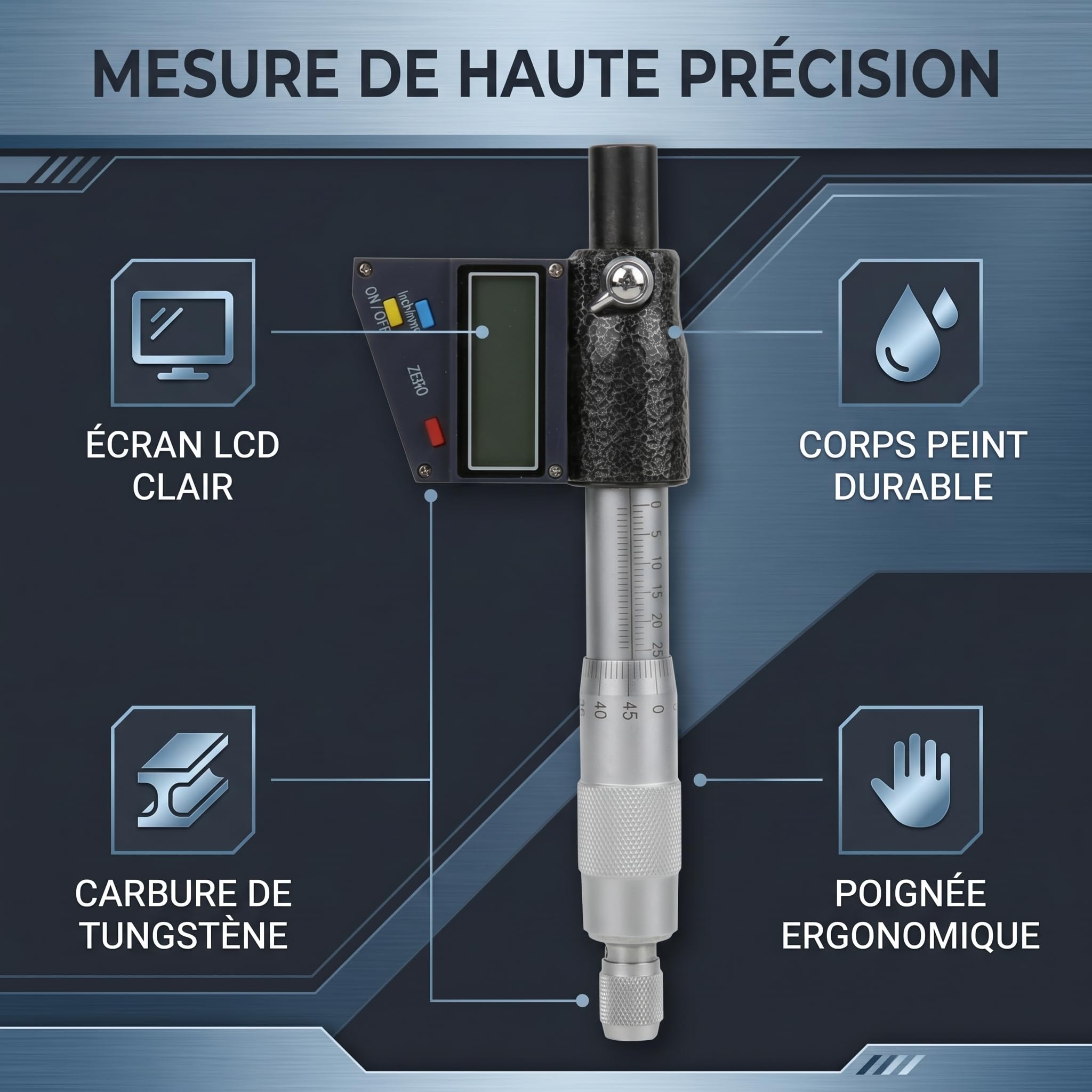 Micrometro Digitale 0-25 mm Alta Precisione con Testina in Carburo Cementato Strumento Misura Professionale per Lavorazione Metallo Meccanica Industria Attrezzatura Metrologia Fresa Fresatrice