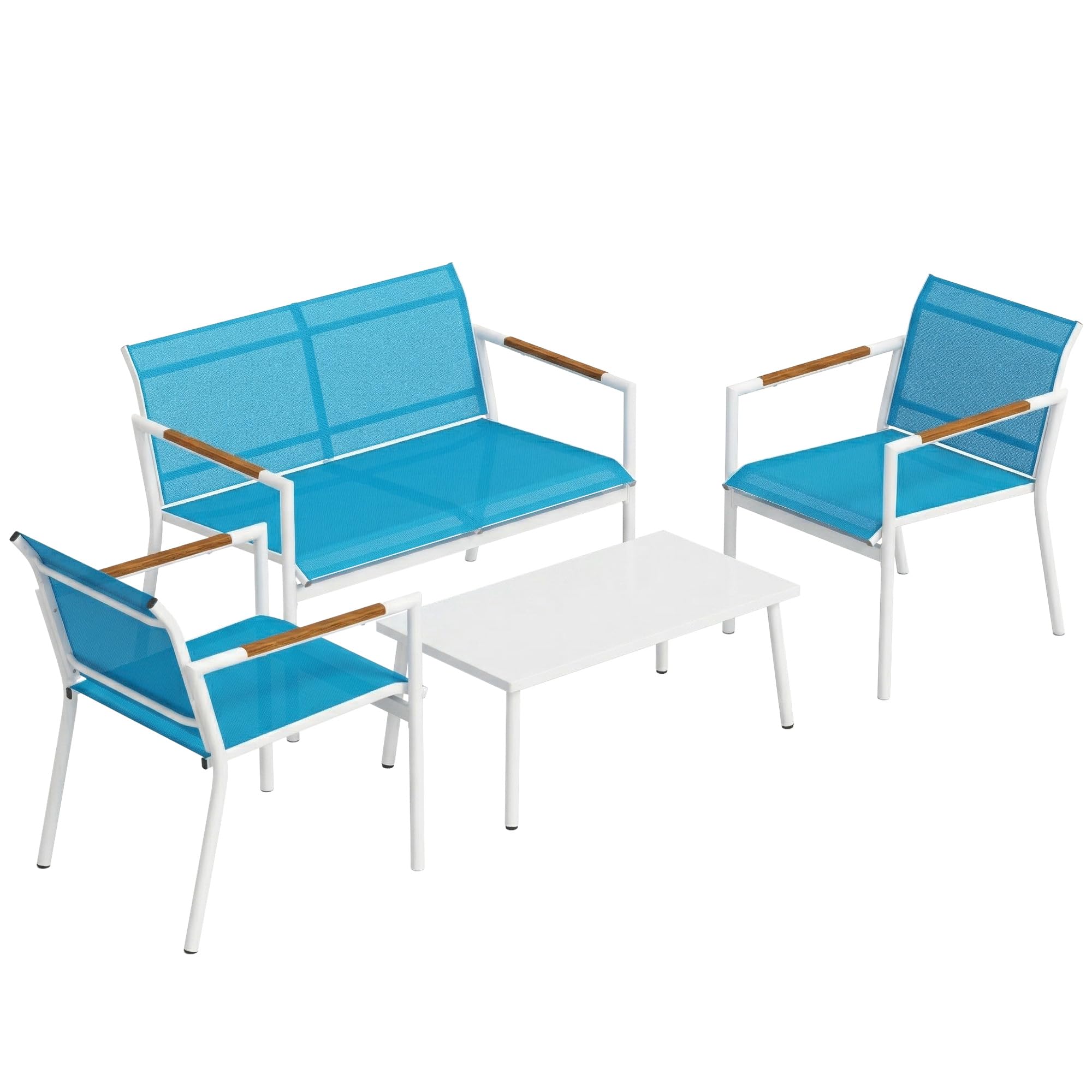 Outsunny Set Salotto da Giardino 4 Pezzi Salottino Esterno Blu | Texteline Traspirante, Divano 2 Posti, 2 Poltrone, Tavolino con Piano Metallo, Set Metallo per Patio