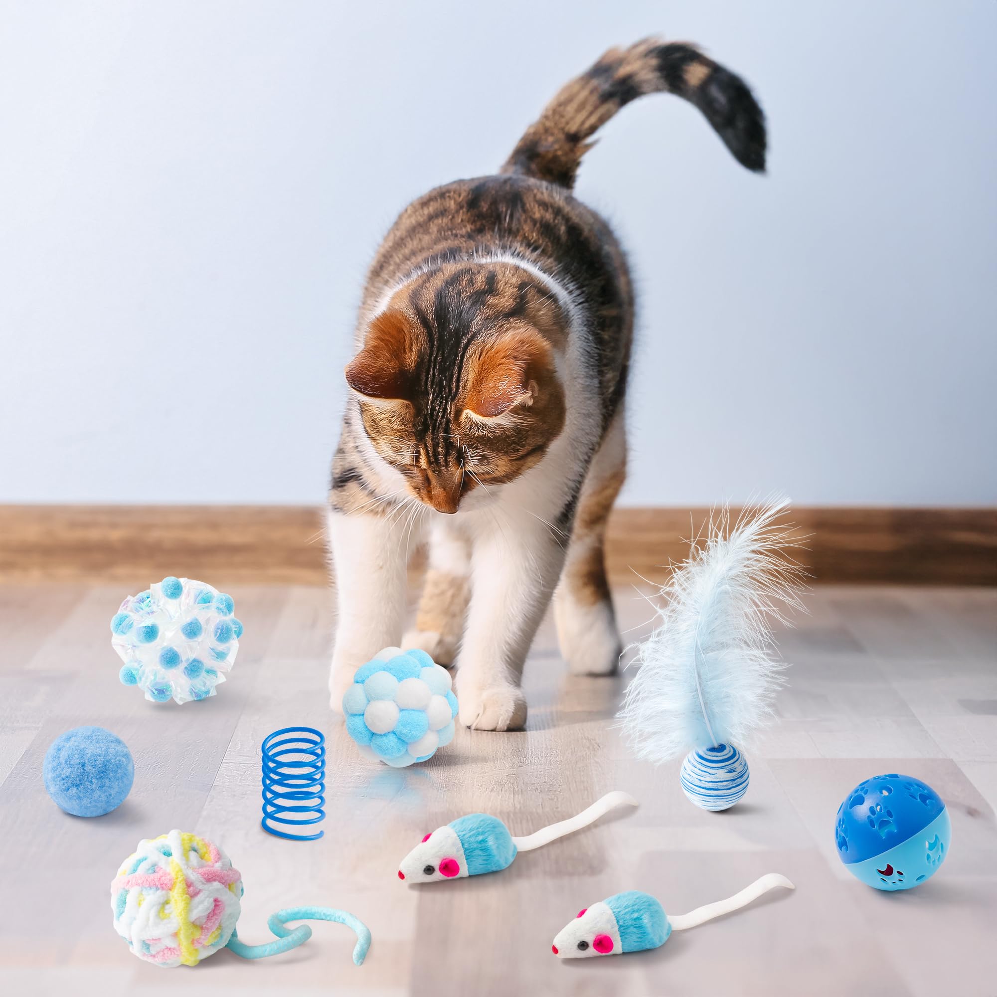 MALLMALL6 Juego de 10 juguetes para gatos que incluye resortes para gatos, varita de plumas, ratones, bolas arrugadas y bolas de campana para mascotas, rompecabezas interactivo para mascotas, paquete