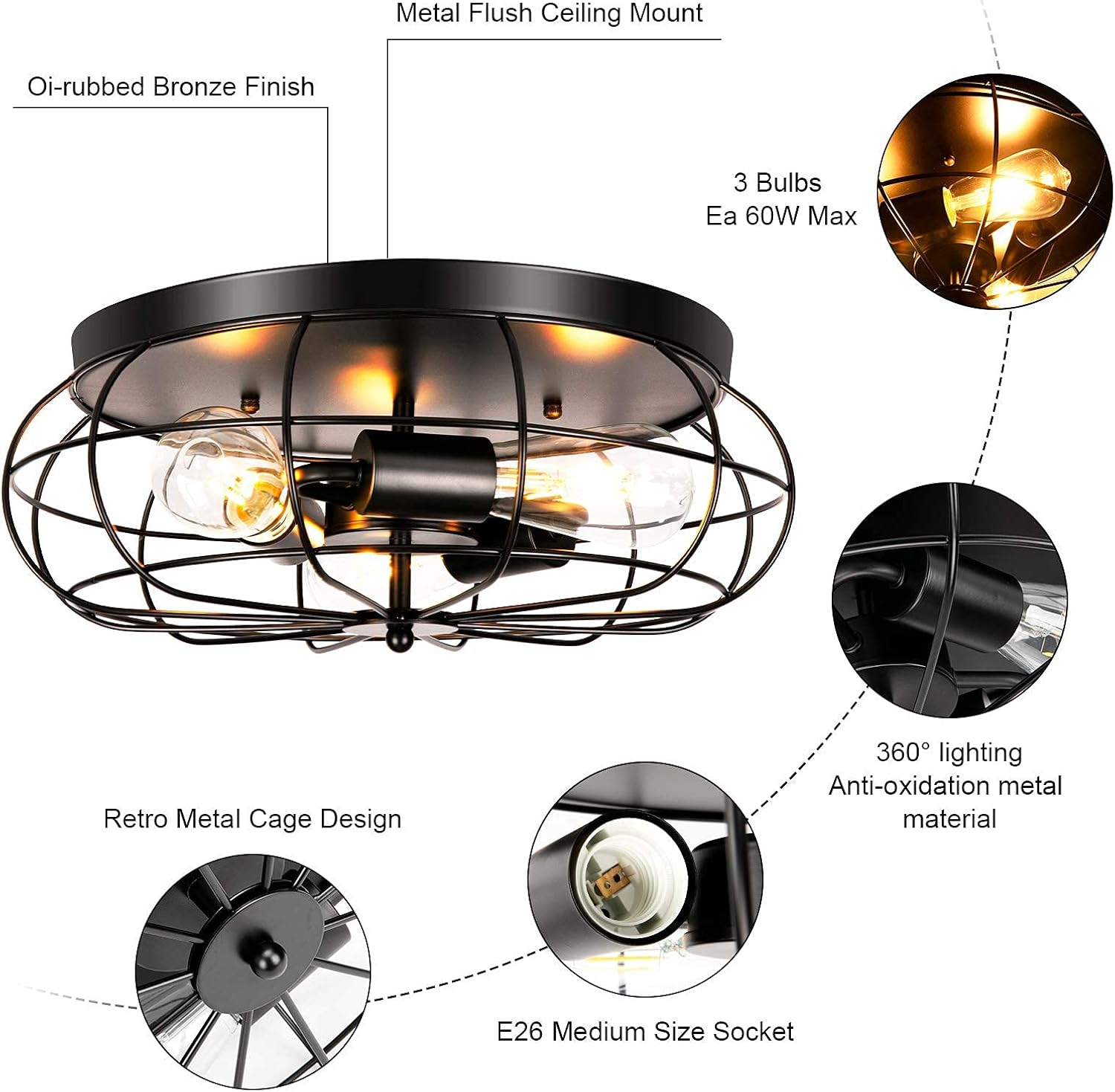 Suреr Dеаl Prоduсt 3 Pack Vintage Semi Flush Mount Ceiling Light LEDMO 3 Lights Industrial Metal Cage Light Fixture