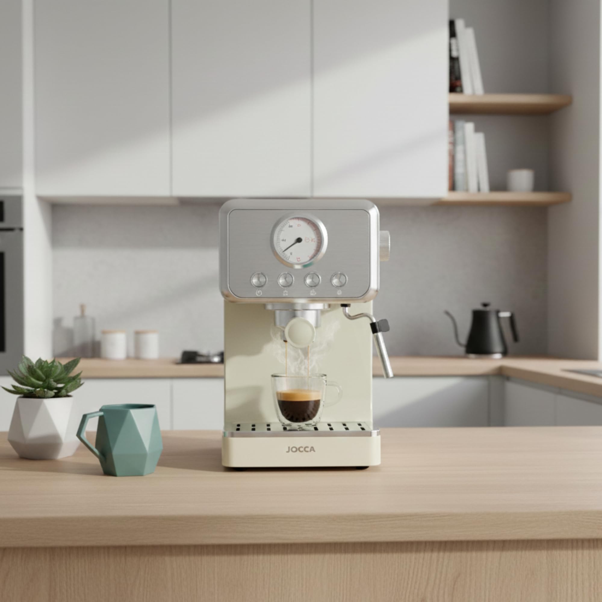 Jocca - Cafetera Espresso Retro | 15 Bar de Presión | Depósito de Agua Extraíble 1,7L | Filtro para 1-2 Tazas (40/80ml) | Bandeja de Goteo Extraíble | Protección contra Sobrecalentamiento | 1400W