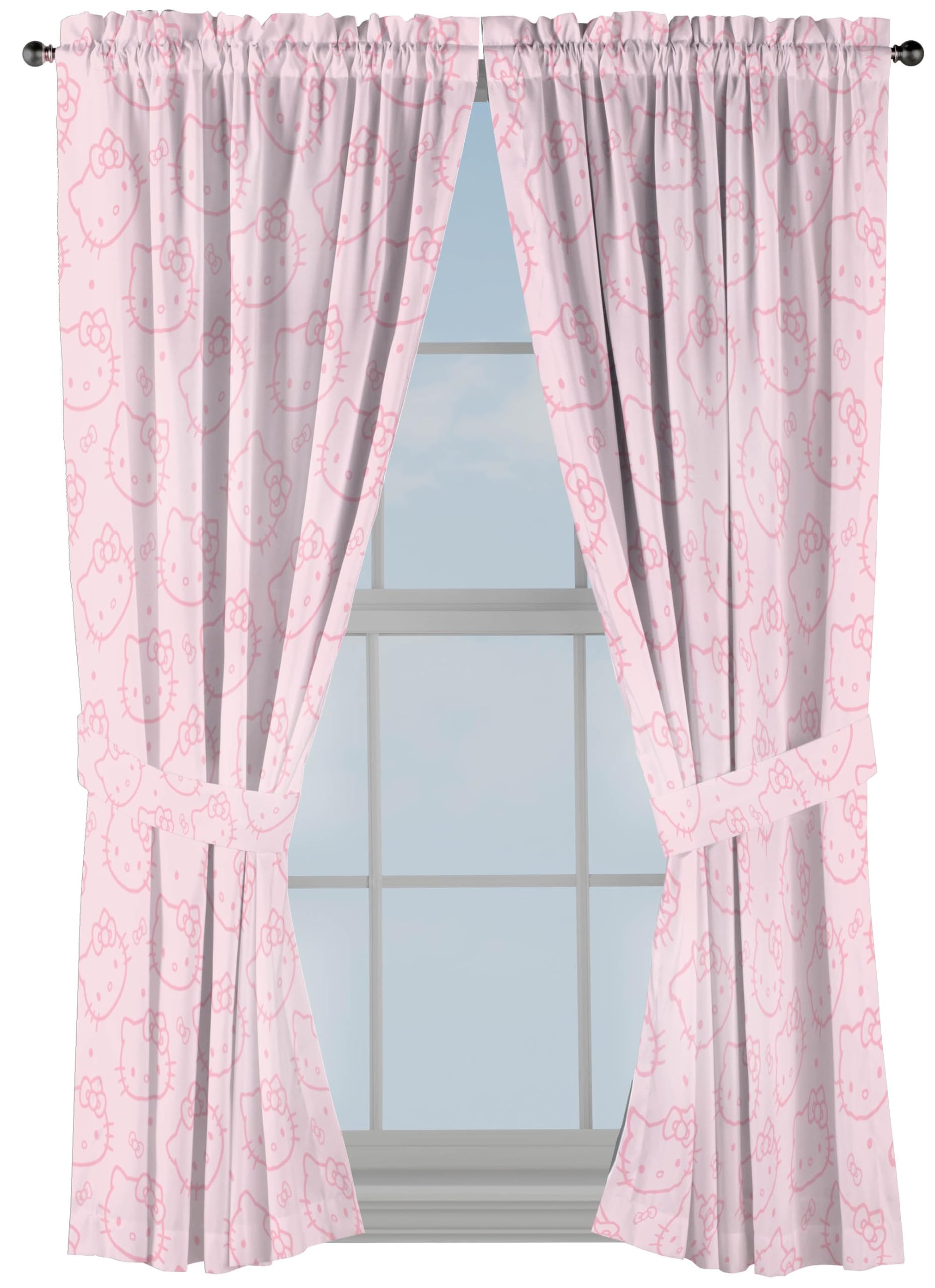 Jay Franco Window Curtains for Bedroom 4-Piece Drape Set with 2 Tiebacks, Pink - Hello Kitty, 42" W x 63" L (Pack of 2)