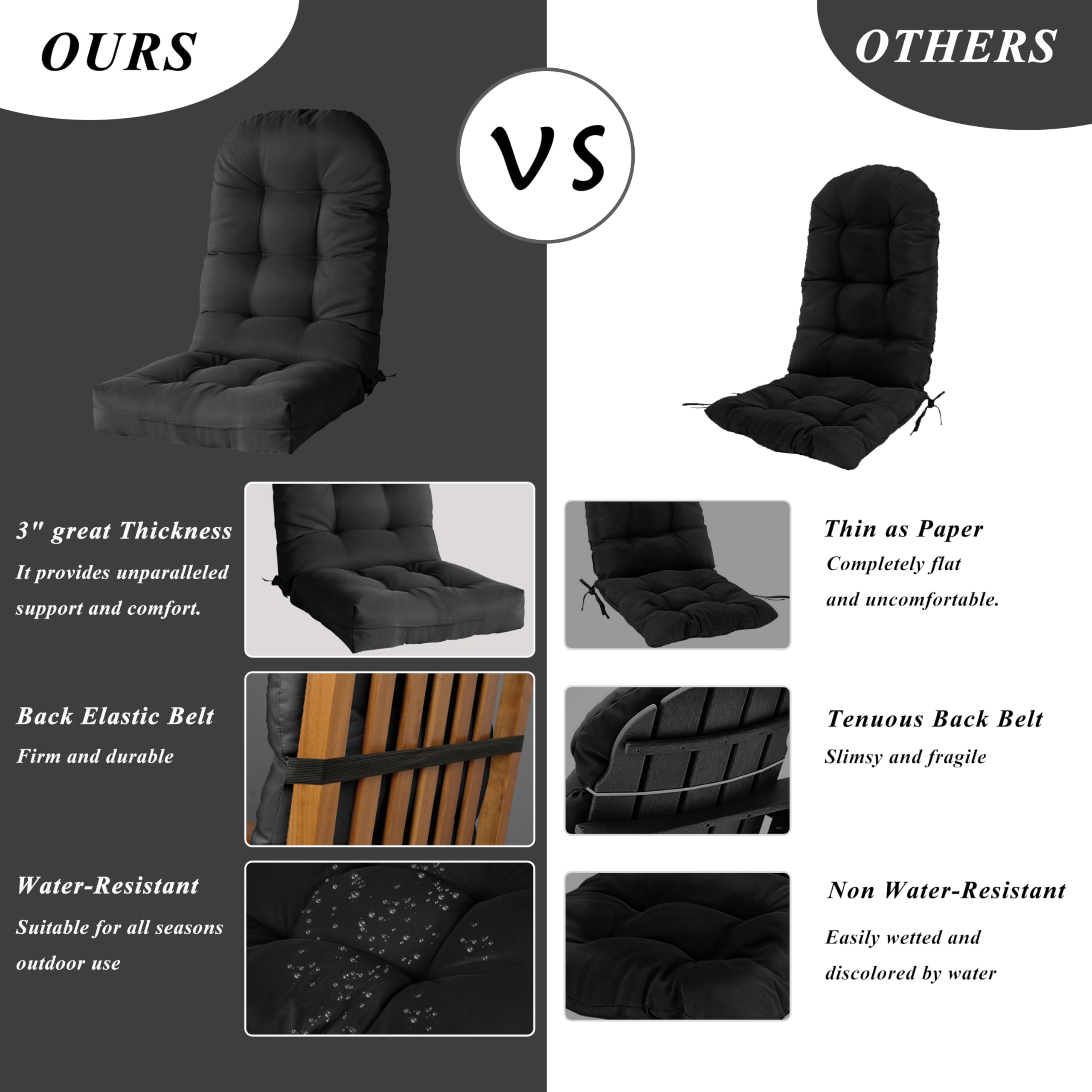 Coussin de chaise de terrasse imperméable une pièce touffeté avec attaches à dossier haut pour meubles de patio (noir)