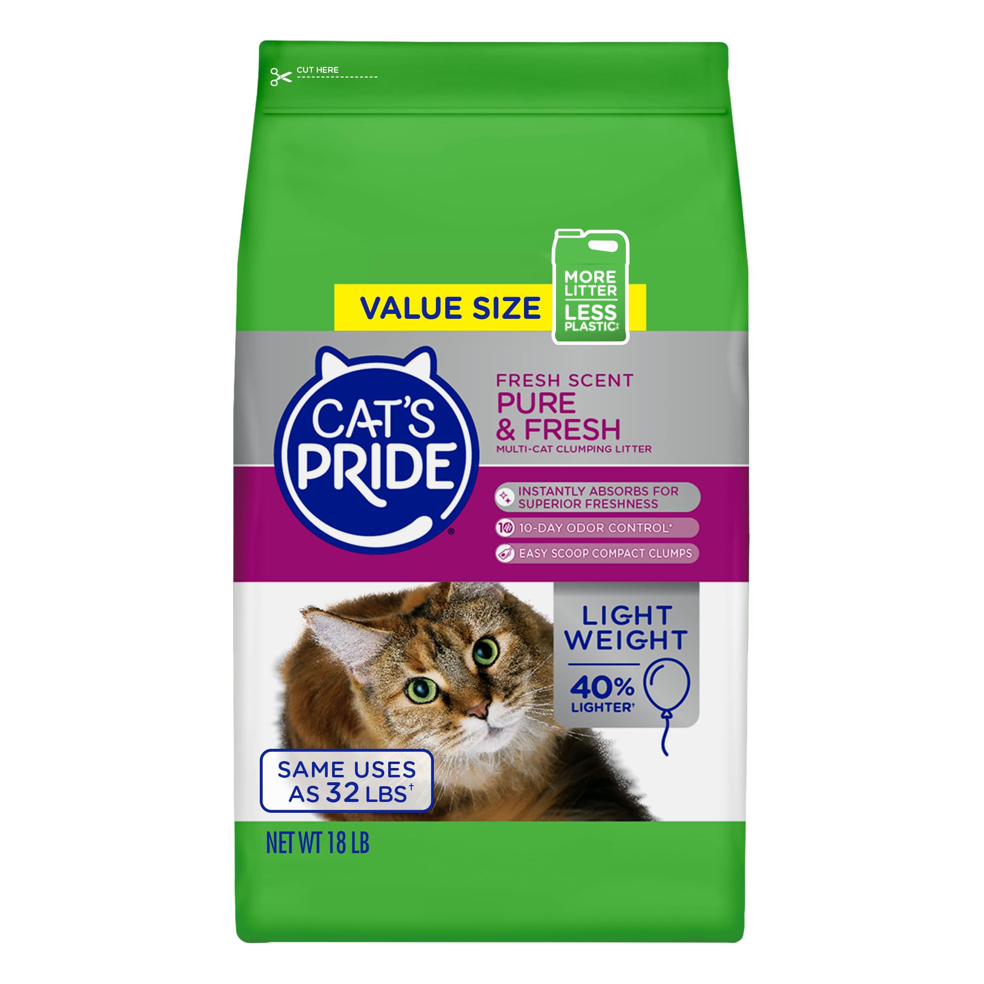 Cat's Pride Premium Lightweight Clumping Litter: Pure & Fresh - Up to 10 Days of Powerful Odor Control - Multi-Cat, Scented, 18 Pounds