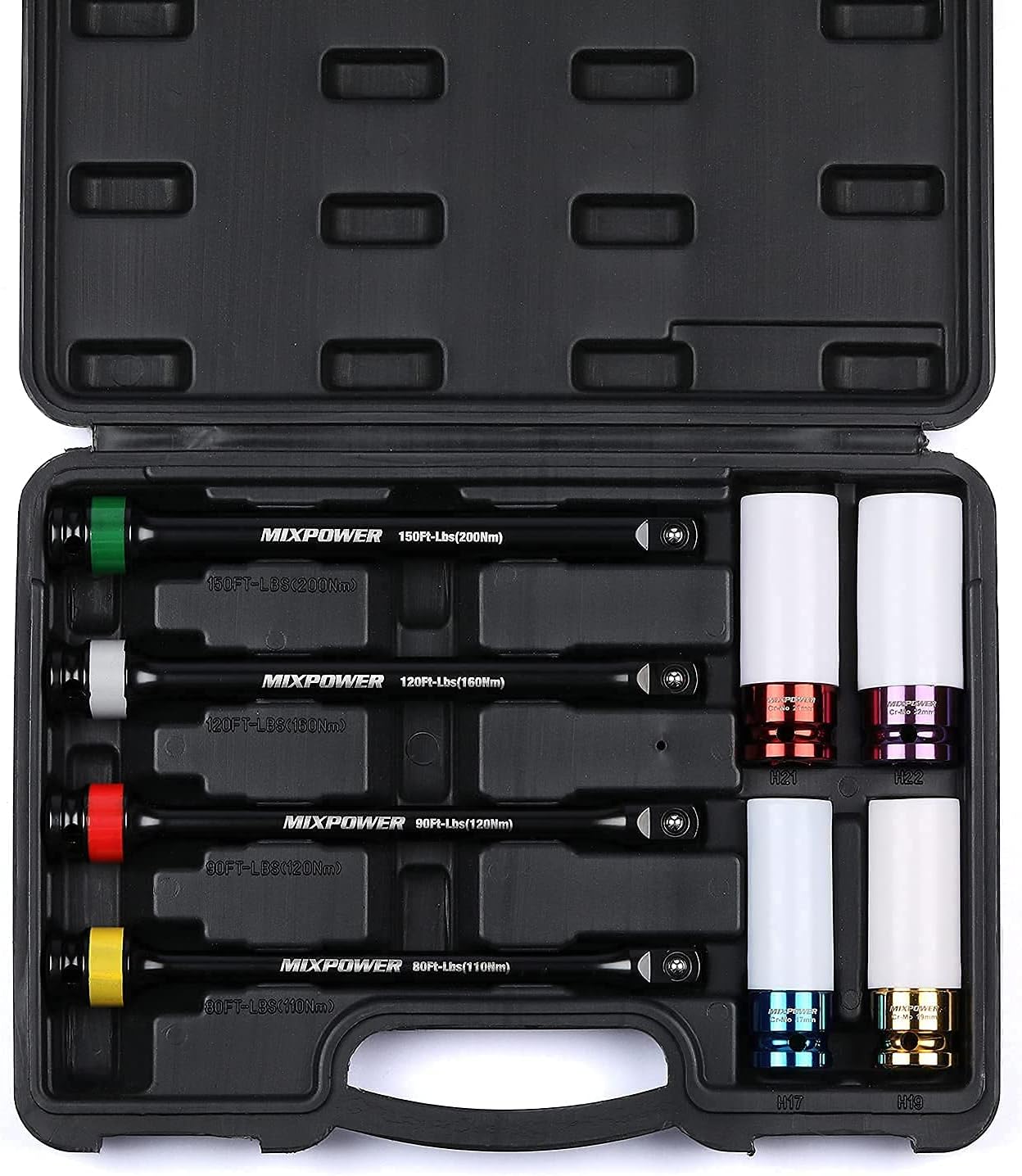 MIXPOWER 1/2-inch Drive Wheel Protector Impact Socket& 8 inch Coded Torque Limiting Socket Extension Bar 8pcs Tire Deep Socket Set, Color-Coded, 80 to 150 Ft-Lbs (110-200 Nm)