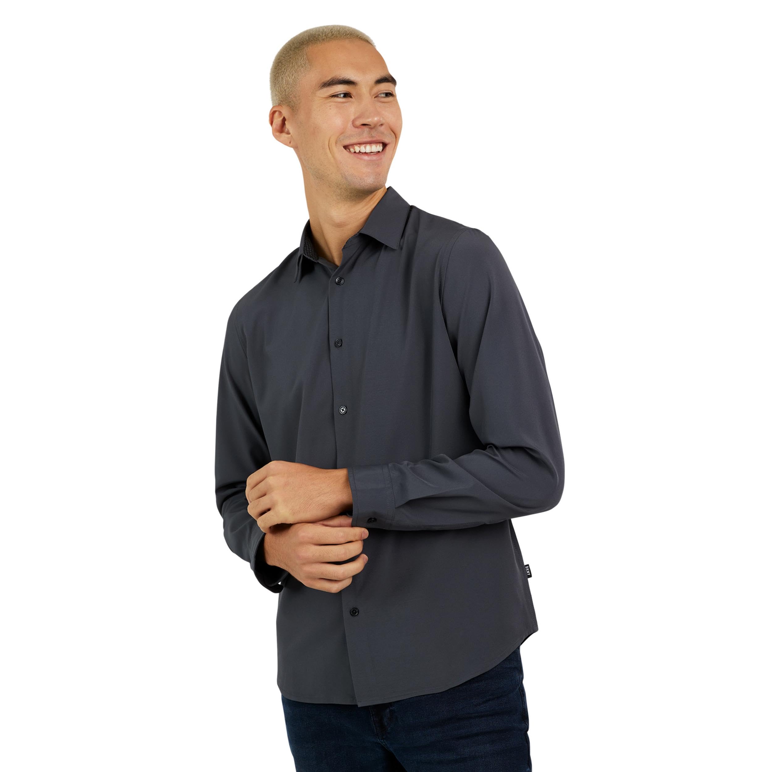 DKNY Men's Button Up Shirt - Slim Fit Long Sleeve for Business and Casual | Solid Color, Stretchy Button Down, Slate, Medium